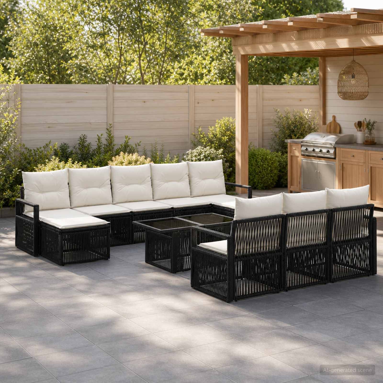 Gartenmöbel-Set für die Terrasse mit schwarzen geflochtenen Sofas und weißen Kissen rund um einen niedrigen Tisch neben einer überdachten Außenküche und einer bepflanzten Einfriedung.