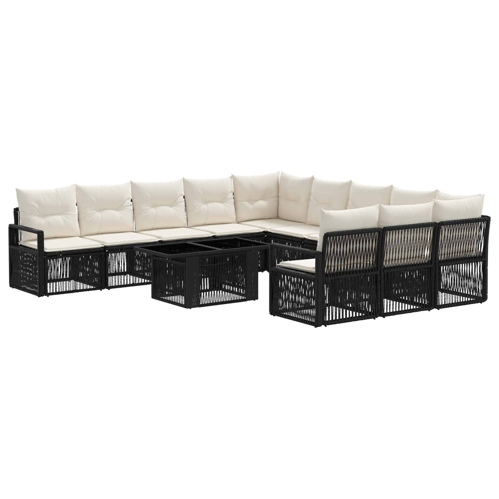 Schwarzes Polyrattan-Außen-Ecksofa mit beigen Kissen und passendem Couchtisch auf weißem Hintergrund