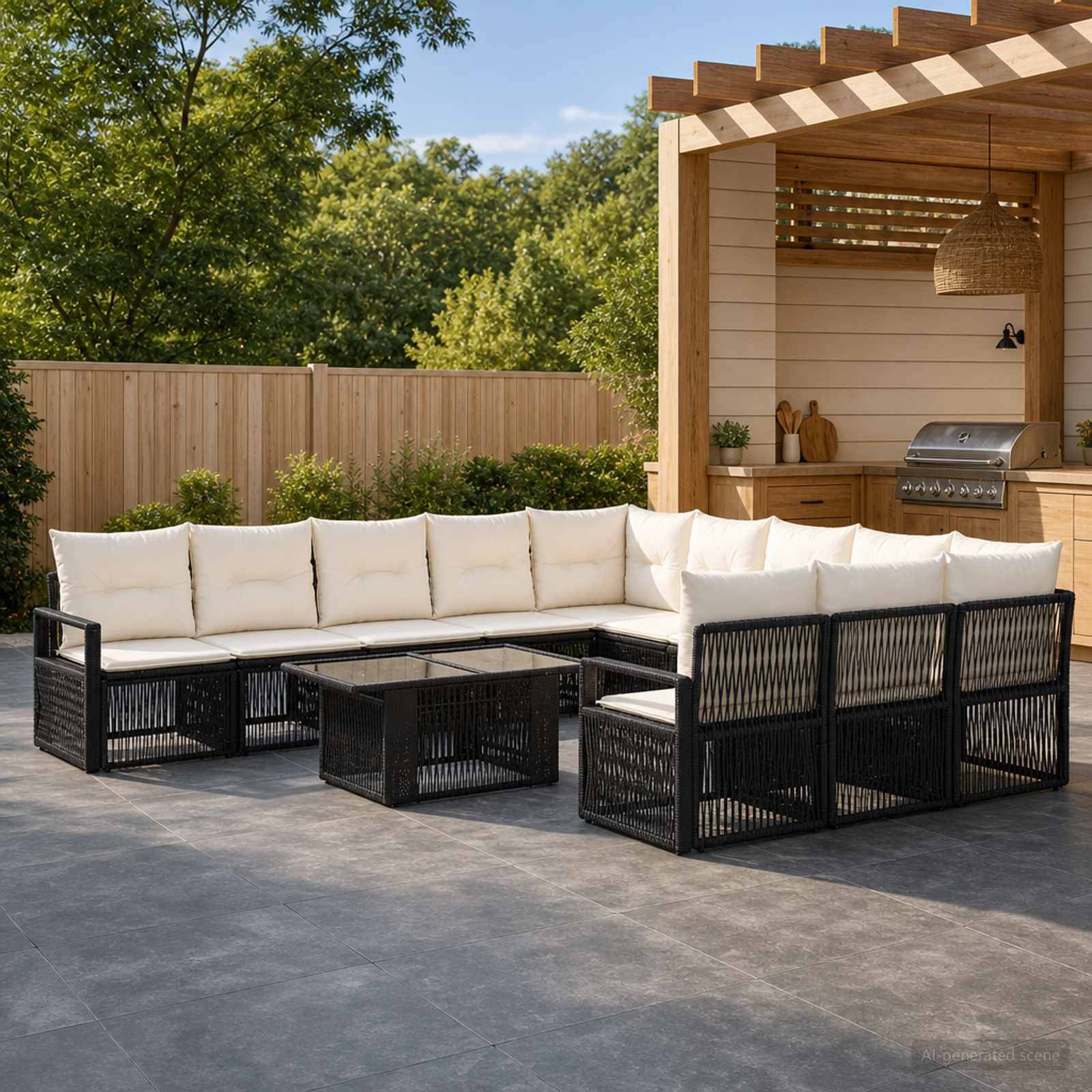 Außenbereich mit schwarzem Polyrattan-Ecksofa und Couchtisch neben einer Holzpergola-Küche und eingezäuntem Hof.
