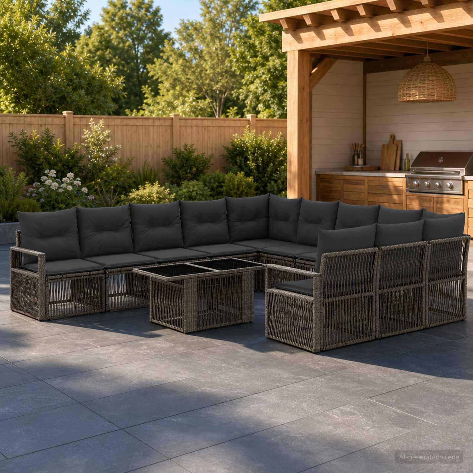 Außenterrasse mit dunklem Rattan-Ecksofa und Glascouchtisch neben einer Gartenpergola und einem eingebauten Grillbereich.