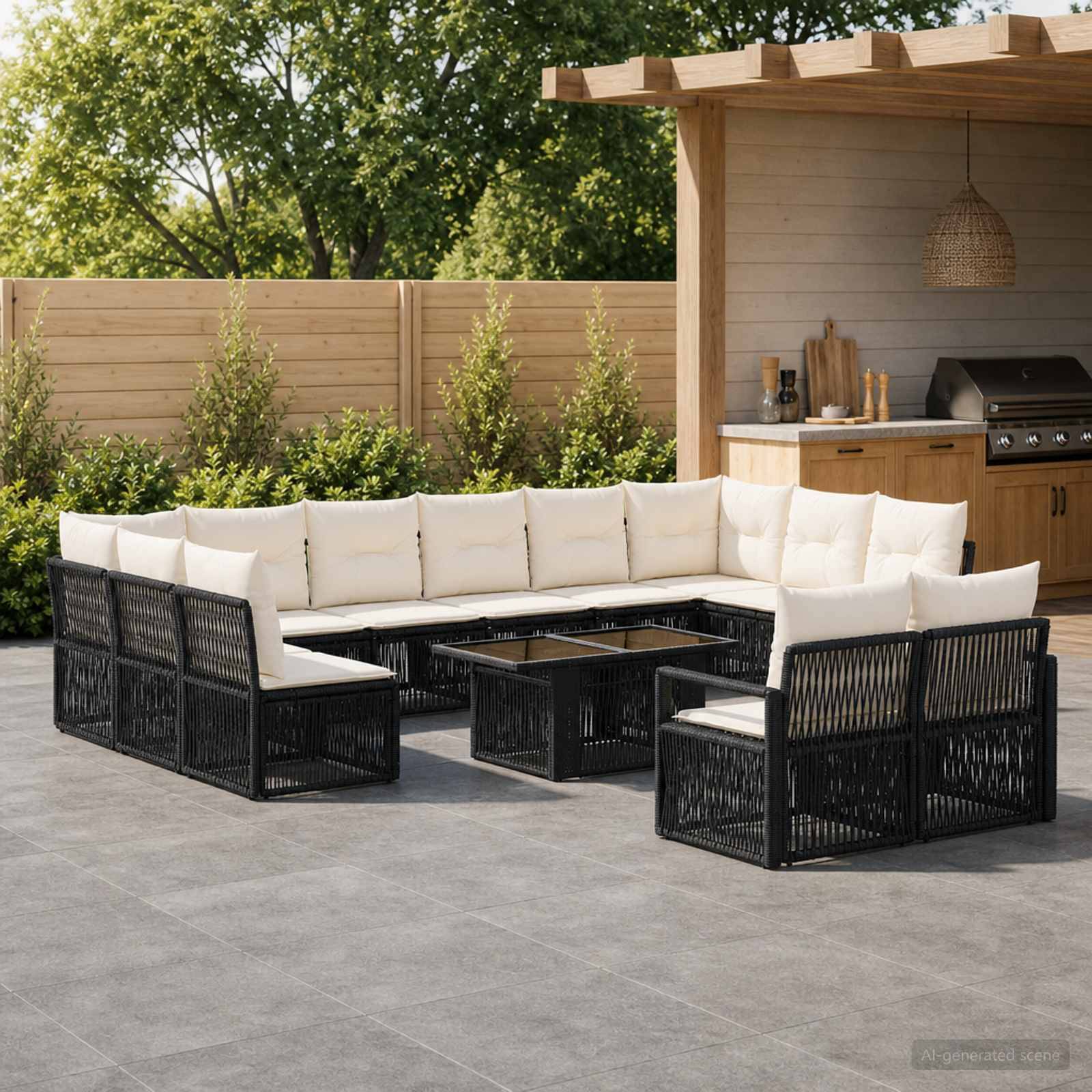 Outdoor-Terrasse mit cremefarbenen Kissen auf einem schwarzen Rattan-Ecksofa um einen niedrigen Tisch neben einer Holzpergola und Grillstation, vor dem Hintergrund eines umzäunten Gartens.