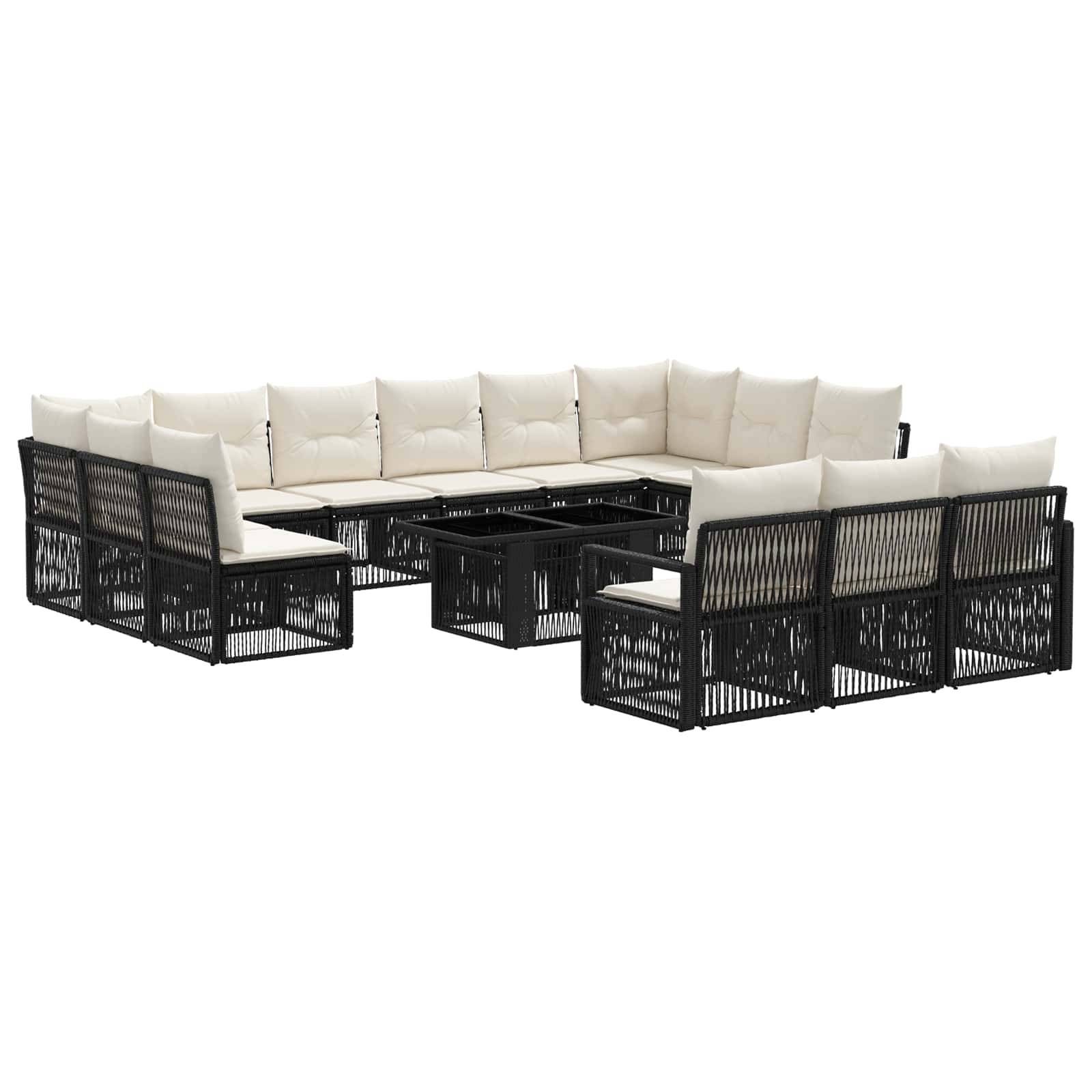Schwarzes Rattan-Außenbereichs-Ecksofa-Set mit cremefarbenen Kissen und einem passenden quadratischen Couchtisch, gezeigt auf weißem Hintergrund.