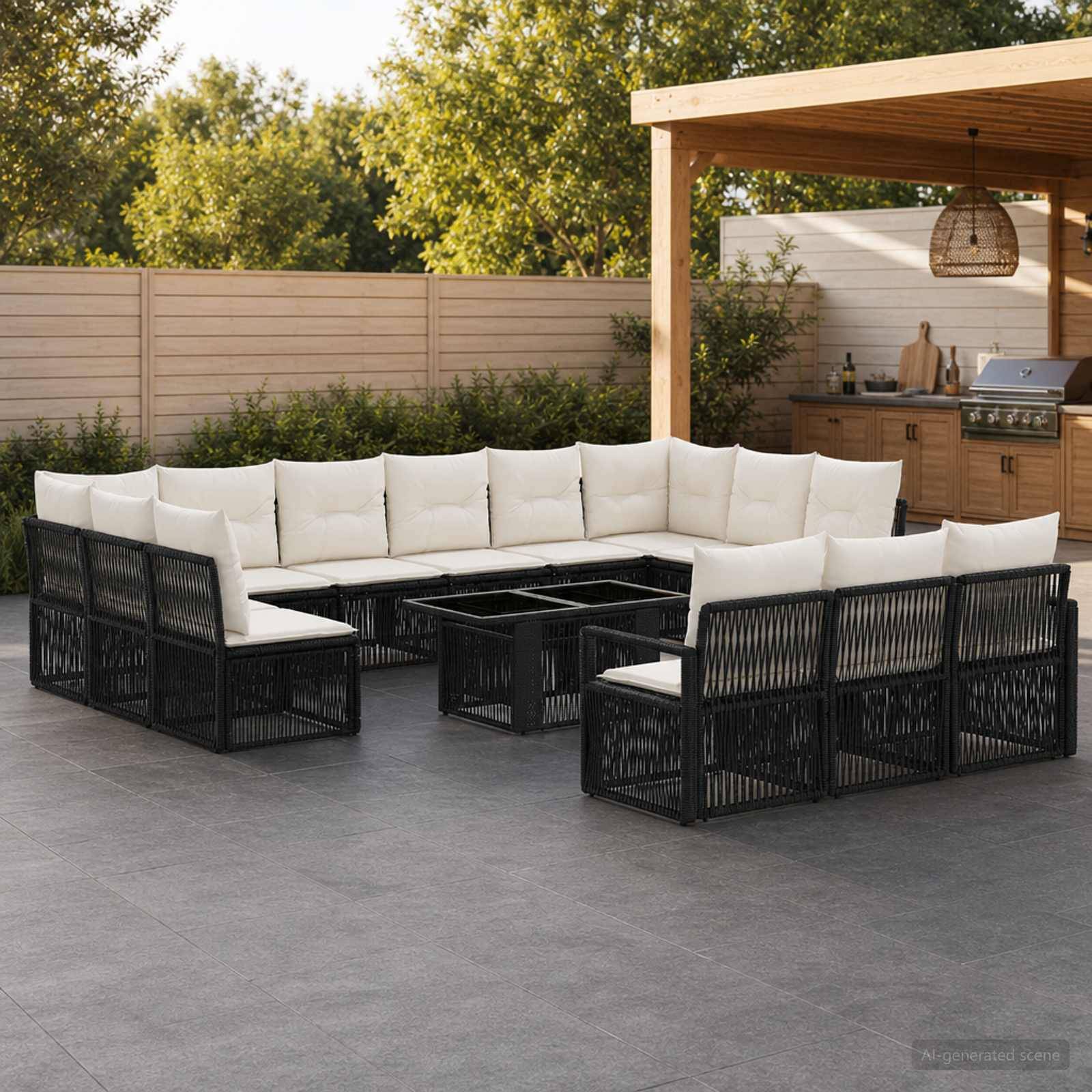 Outdoor-Terrasse mit schwarzen Rattan-Ecksofa und Couchtischen neben einer Holz-Pergola und einer Außenküche.
