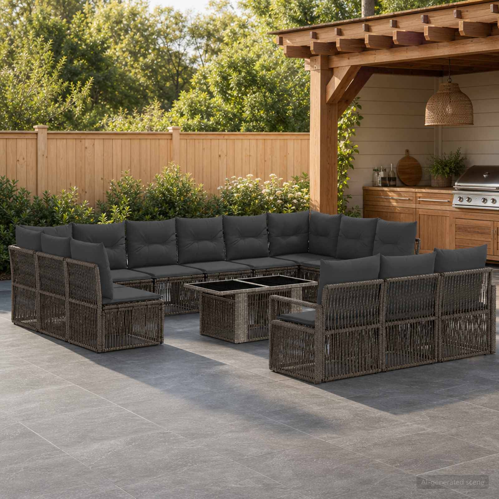 Außenterrasse mit einem großen dunklen Korbsektional und Couchtisch unter einer Holzpergola, neben einem Grillbereich im Hinterhof und einem Zaun.