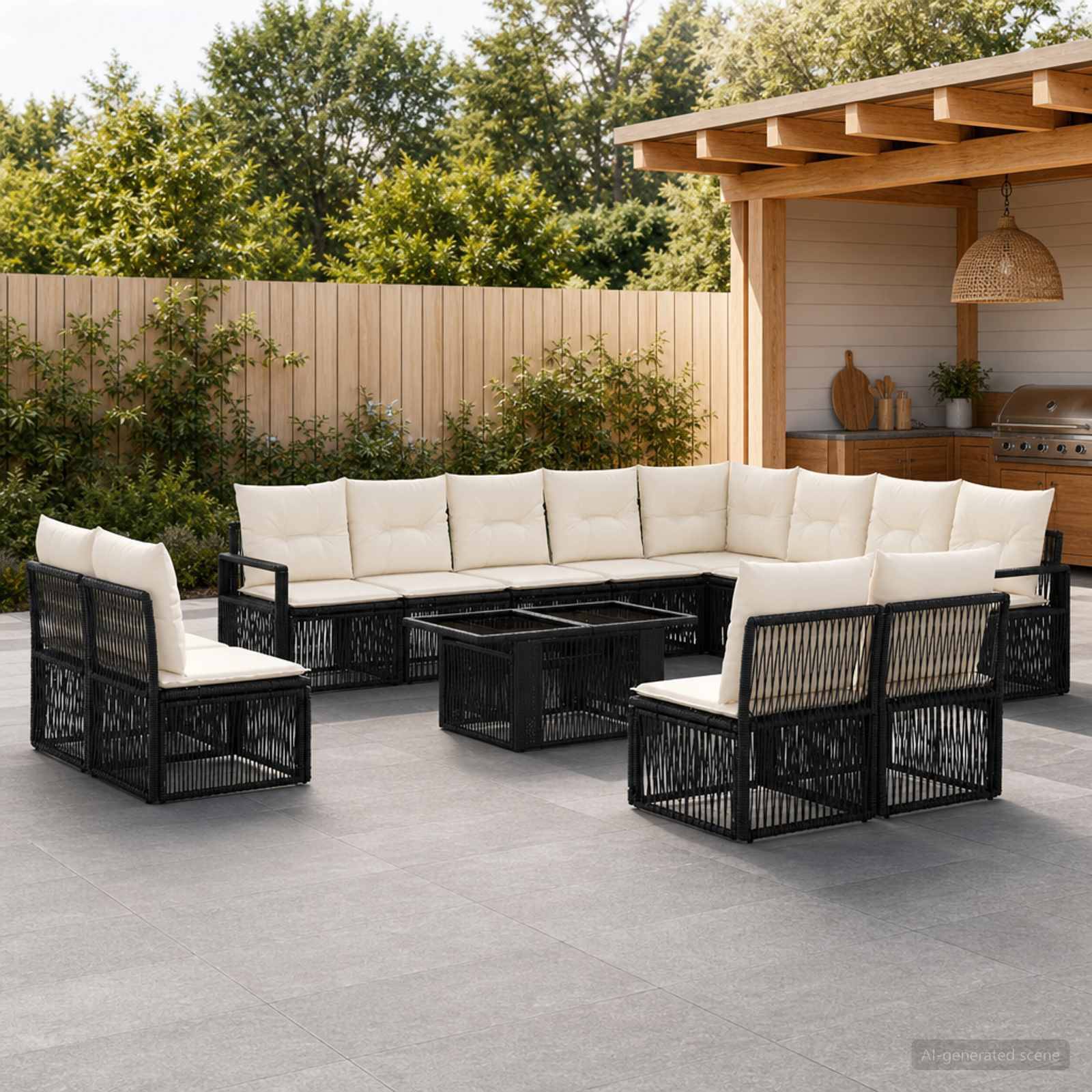 Gartenmöbel-Sitzgruppe im Freien mit schwarzen Rattanmöbeln, cremefarbenen Kissen, Stühlen und Couchtisch neben einem überdachten Grillbereich.