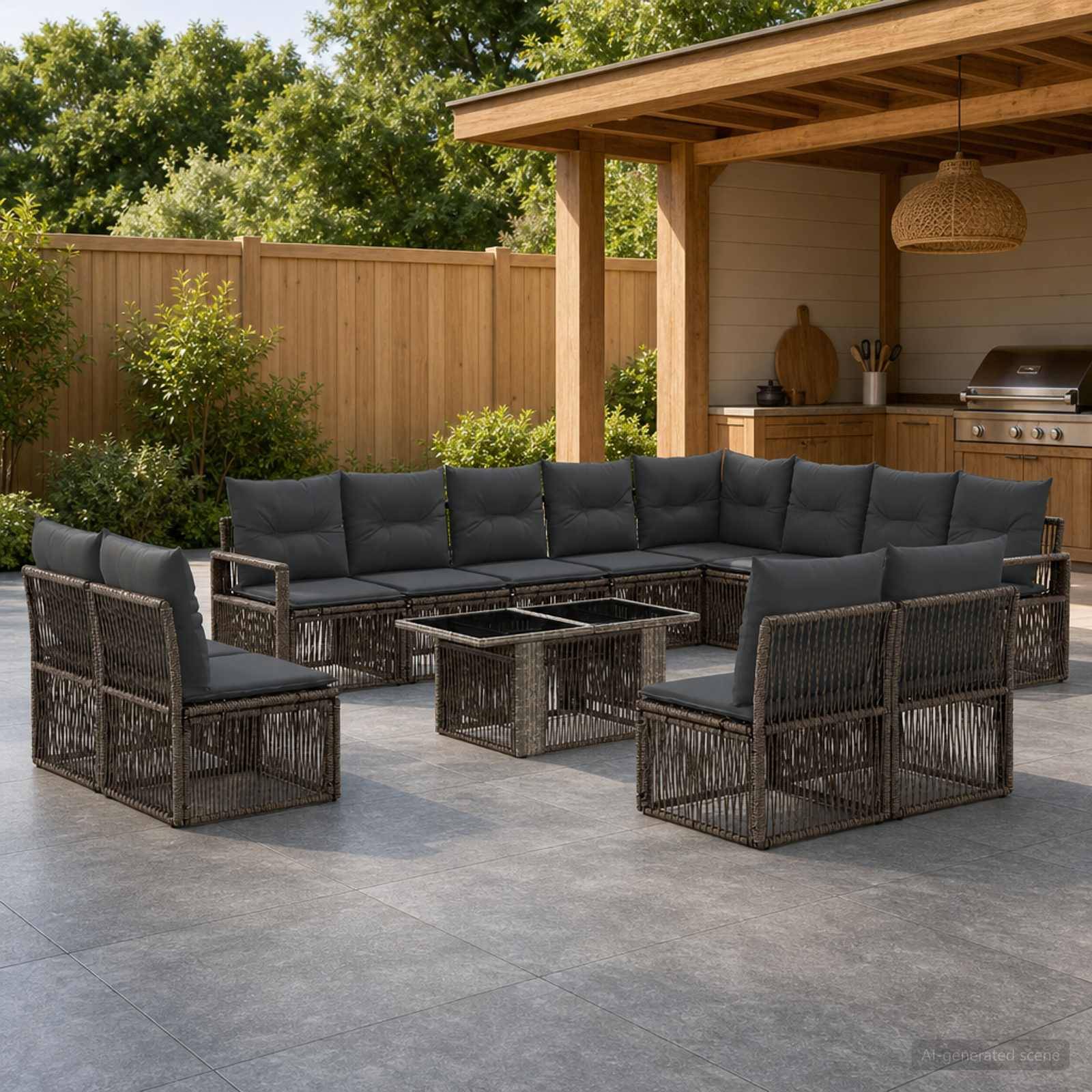 Außenbereich mit Terrassensitzgruppe aus dunklen Rattan-Ecksofen und Stühlen um einen Glastisch unter einem Holzpavillon, neben einem Gartenzaun und Grill.