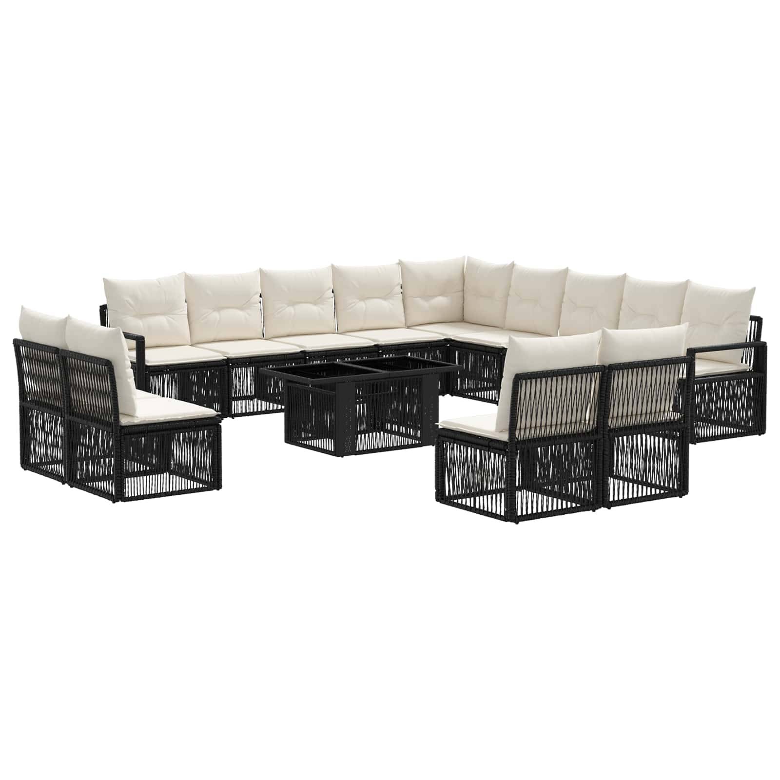 Schwarzes Rattan-Außensofa-Set mit cremefarbenen Kissen und passendem Couchtisch auf weißem Hintergrund.