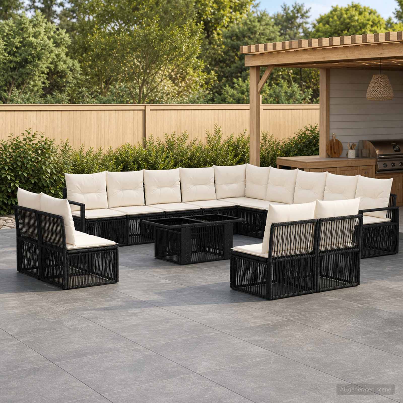 Überdachte Terrasse mit einem schwarzen Polyrattan-Ecksofa-Set und weißen Kissen, die um einen quadratischen Couchtisch herum angeordnet sind, neben einer Holzpergola und einem Grill.