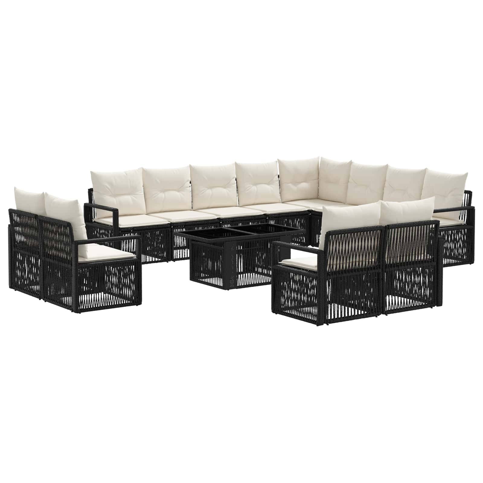 Schwarzes Outdoor-Lounge-Set mit cremefarbenen Kissen und passendem Glastisch auf weißem Hintergrund