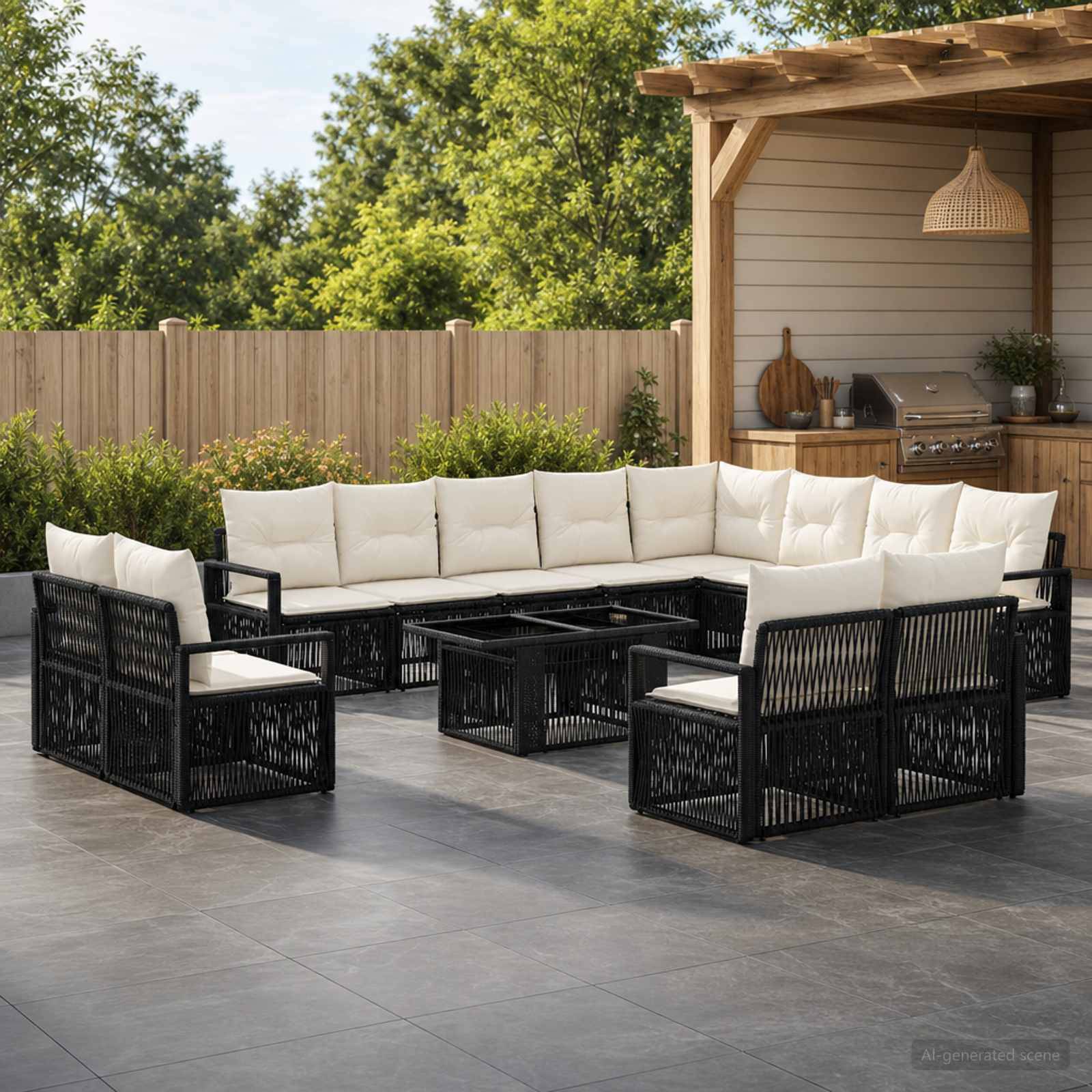 Gartenmöbelset für die Terrasse mit schwarzem Rattan-Ecksofa, zwei Sesseln und einem zentralen Tisch auf einer gefliesten Terrasse neben einer Außenküche.