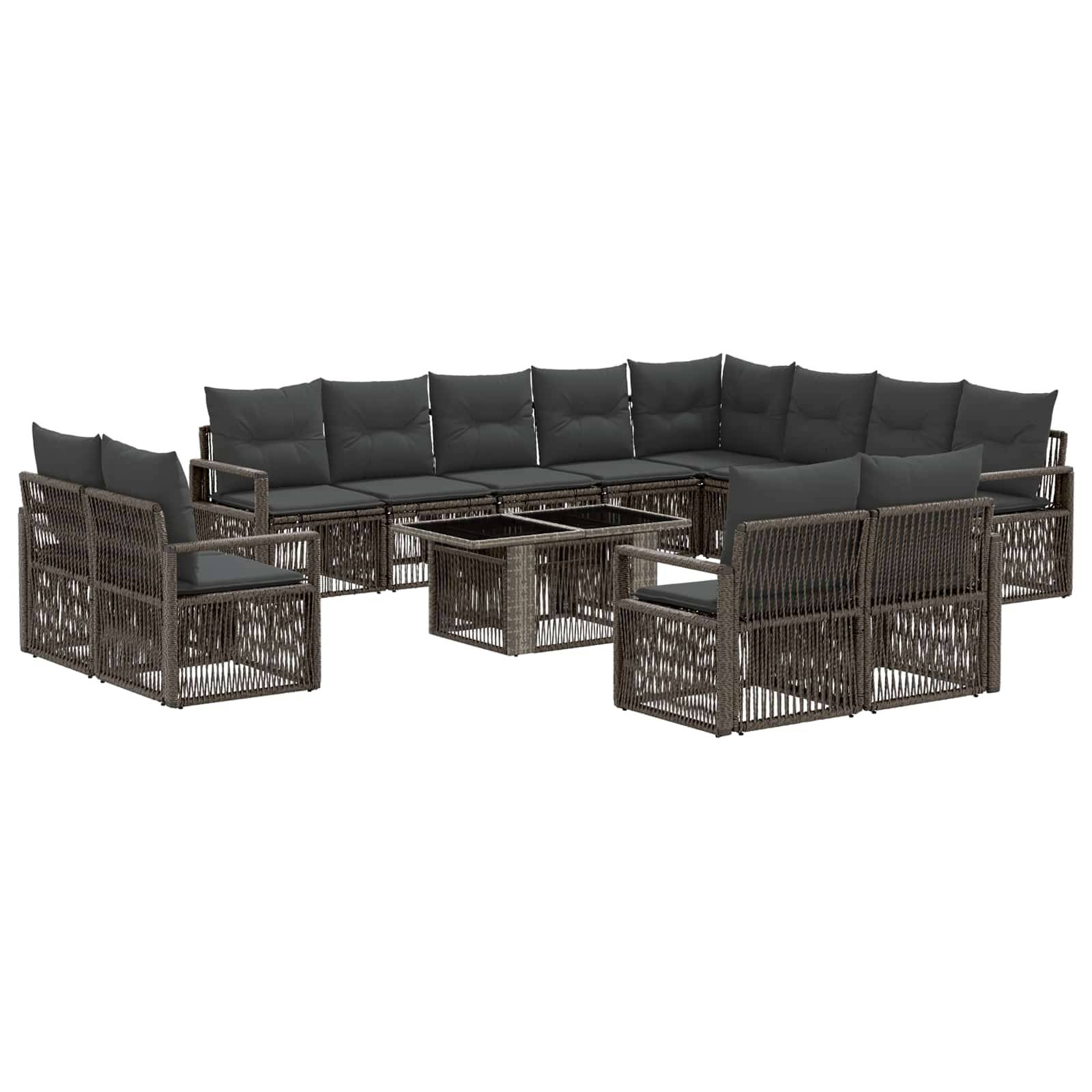 Outdoor-Rattanecksofa-Loungeset mit dunkelgrauen Kissen und passenden quadratischen Couchtischen auf weißem Hintergrund.