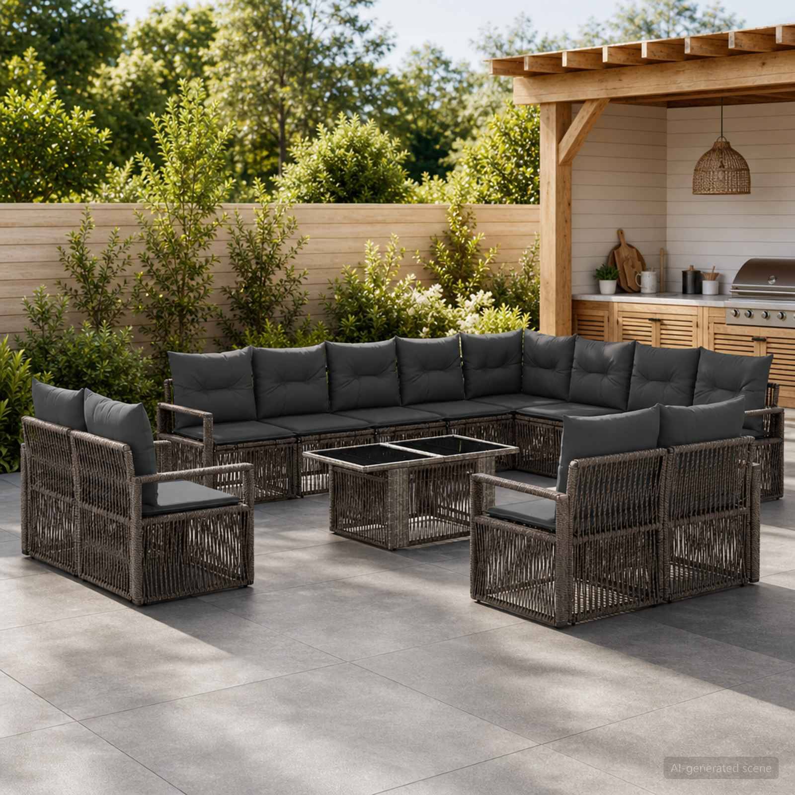 Outdoor-Terrassenbereich mit einem Rattan-Ecksofa, zwei Sesseln und einem niedrigen Couchtisch neben einer Gartenlaubenbahn und Grillstation.