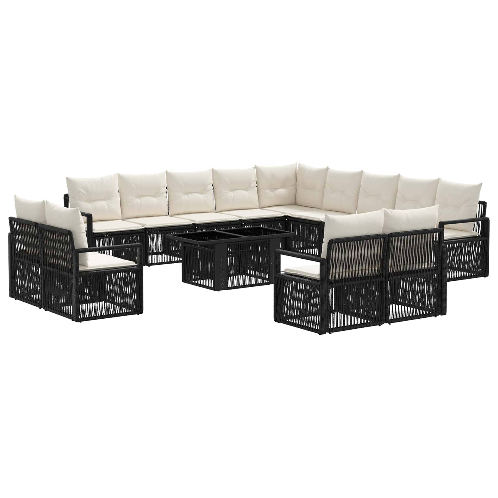 Schwarzes Rattan-Außenbereichs-Ecksofa mit weißen Kissen, das um einen zentralen quadratischen Couchtisch angeordnet ist