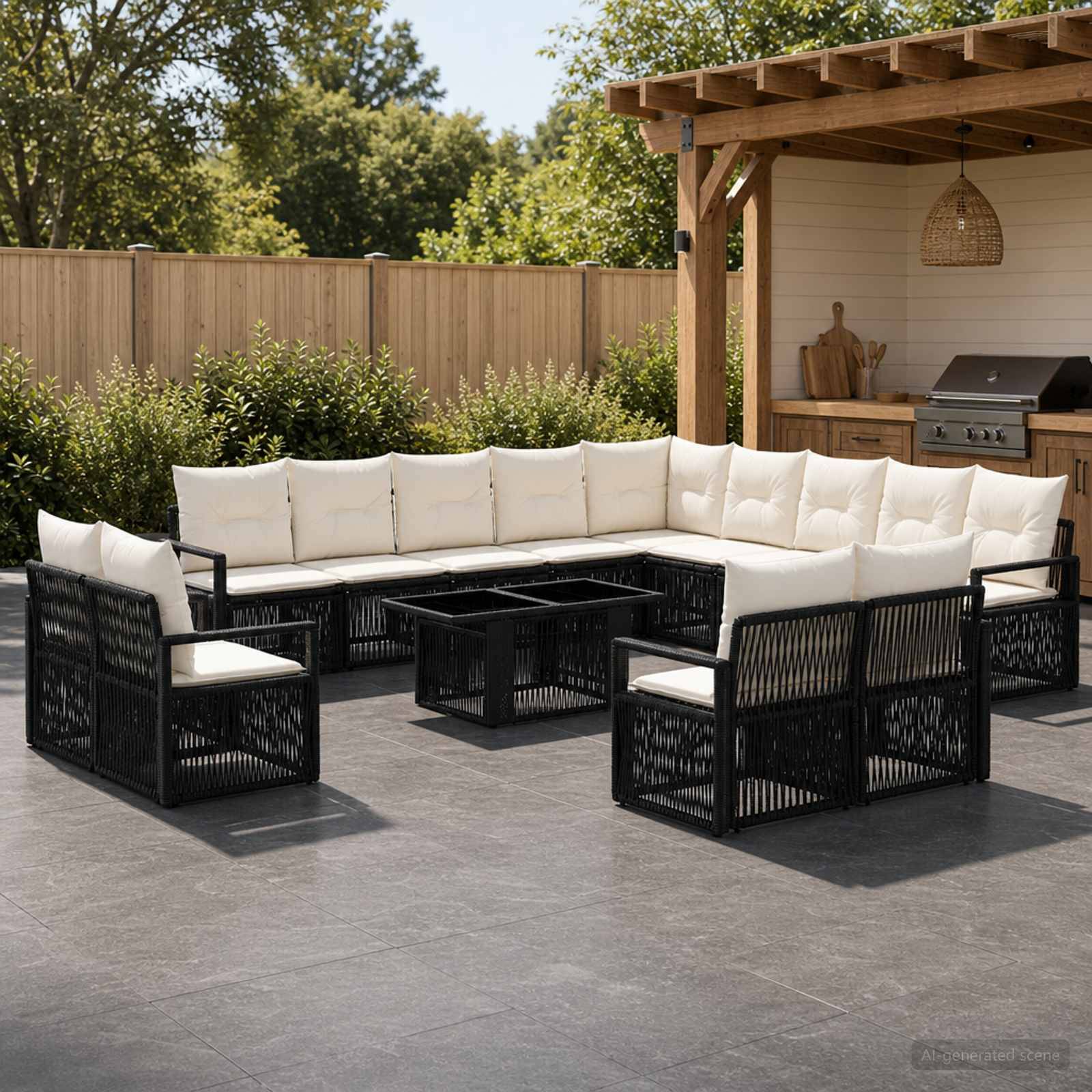 Außenbereich der Terrasse mit einem schwarzen Rattan-Ecksofa, passenden Stühlen und einem Couchtisch mit Glasplatte neben einer überdachten Grillstation und einem Holzzaun.
