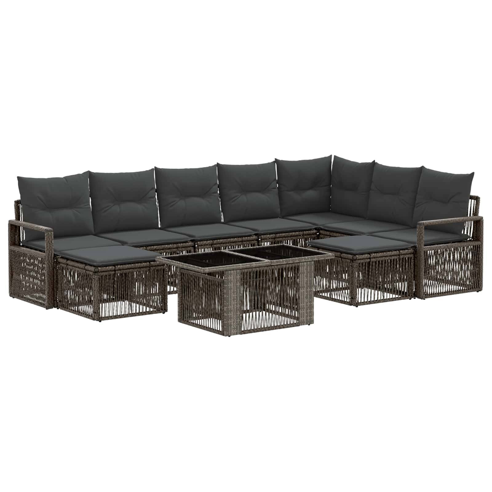 Dunkelgraues Outdoor-Ecksofa-Set mit geflochtenem Rattanrahmen, Kissen und passenden Glastisch-Couchtischen