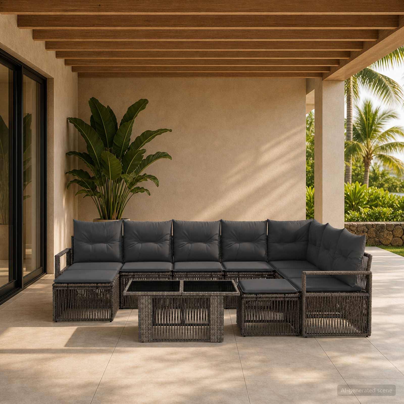 Terrasse im Freien mit dunklem Polyrattan-Ecksofa und Couchtischen unter einer überdachten Holzpergola, neben einer großen Kübelpflanze und tropischer Bepflanzung.