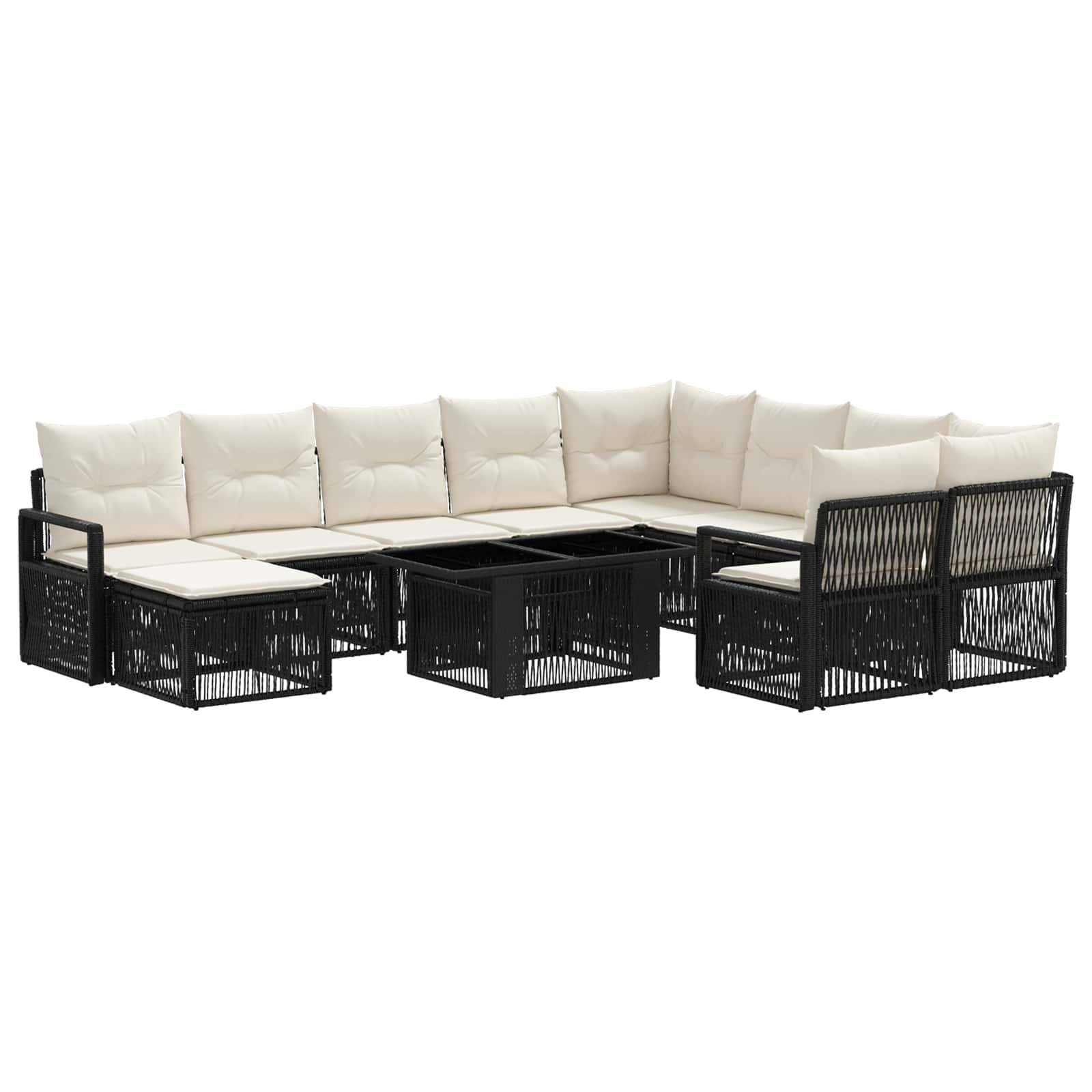 Schwarzes modulares Rattansofa für den Außenbereich mit weißen Kissen und integrierten Couchtischen auf weißem Hintergrund