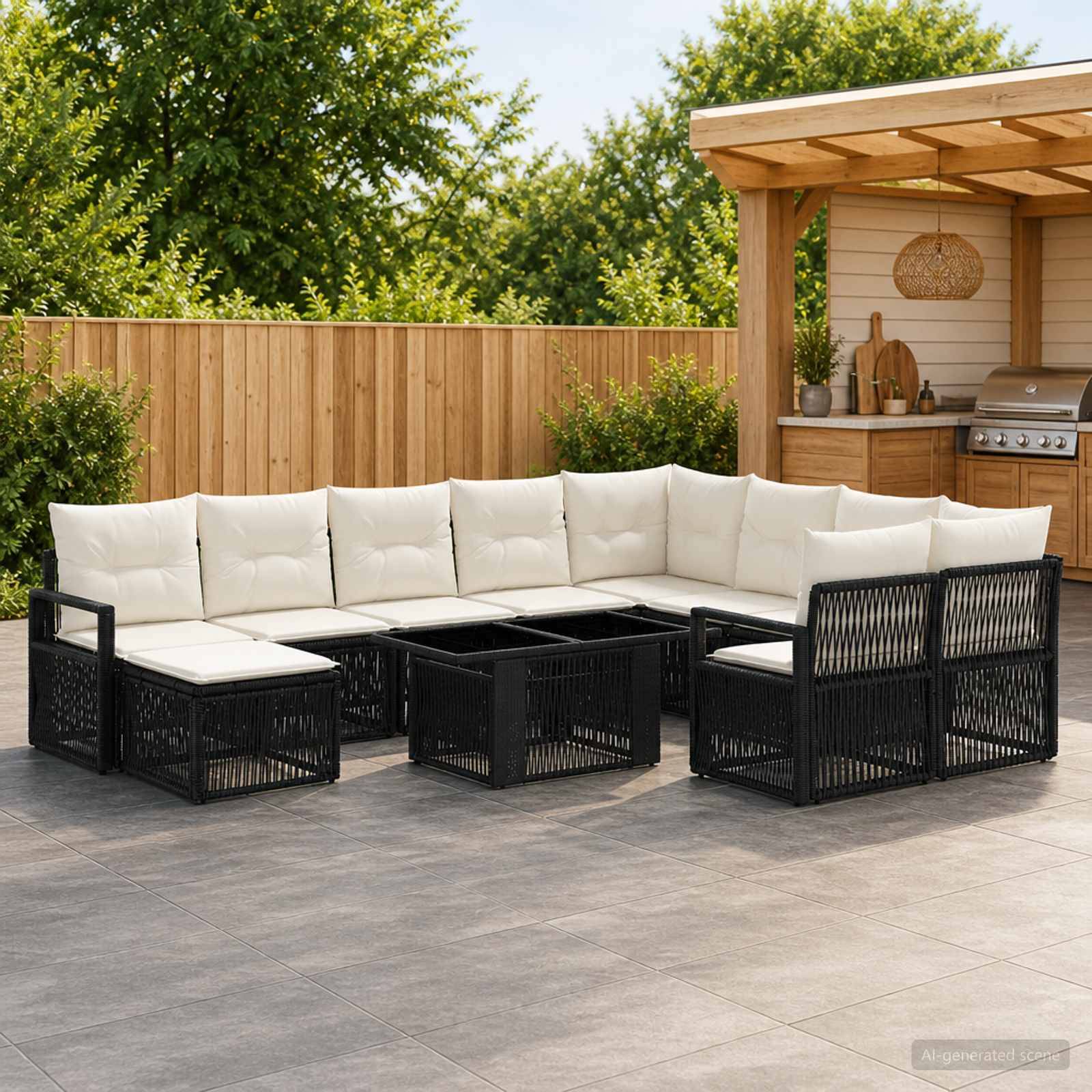Outdoor-Terrasse mit schwarzem Rattan-Ecksofa und weißen Kissen um verschachtelte Couchtische neben einer Holzpergola und einer Außenküche.