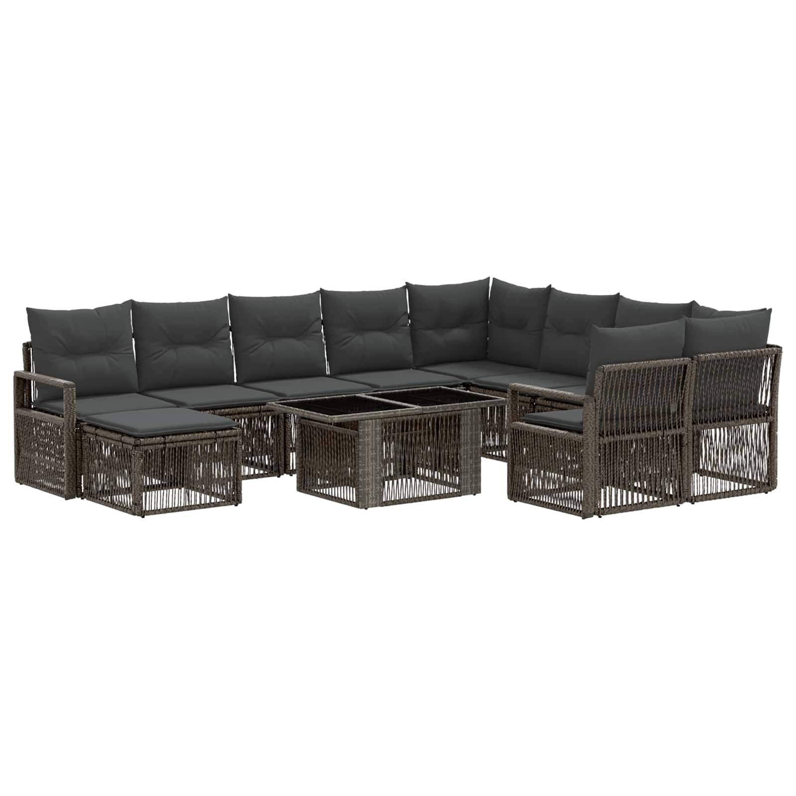 Braunes Korb-Gartensektional-Sofa-Set mit dunkelgrauen Kissen und zwei Glastisch-Couchtischen