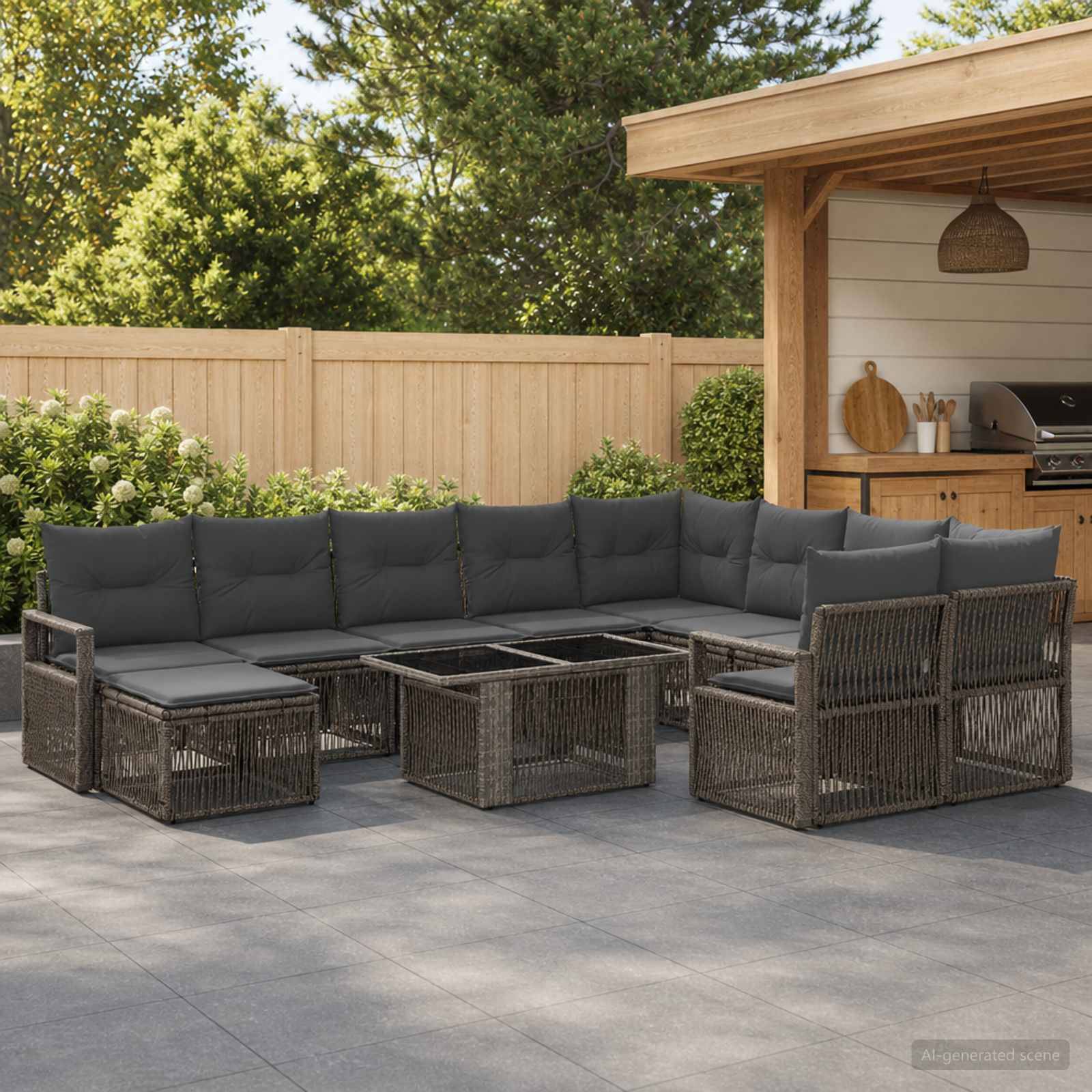 Terrasse im Freien mit dunkelm Korbsektionalsofa, Hocker und Couchtisch neben einer hölzernen Außenküche und Zaun.