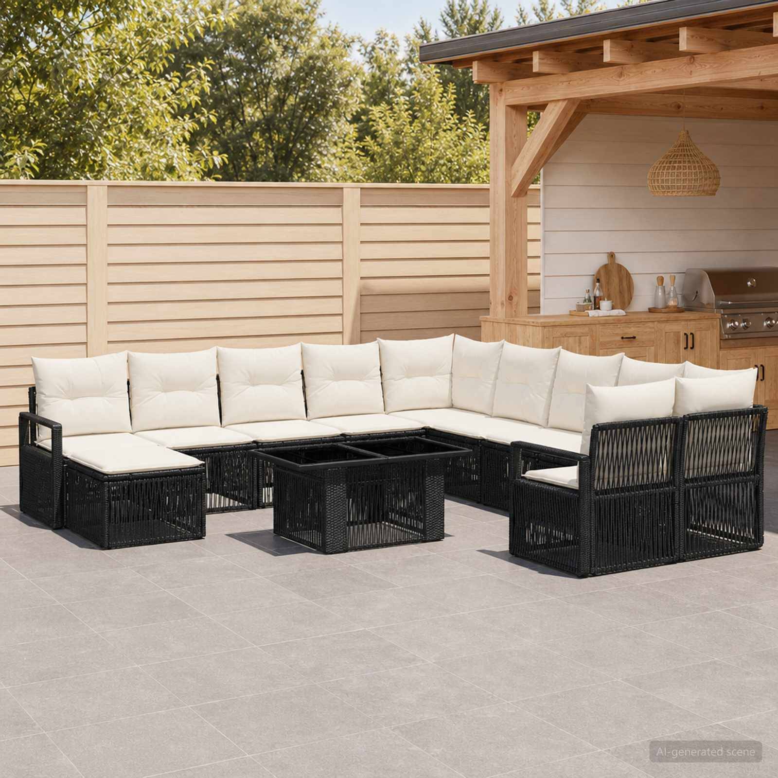 Outdoor-Terrasse mit schwarzem Korbgeflecht-Ecksofa und cremefarbenen Kissen um quadratische Couchtische neben einem hölzernen Pergola-Barbereich.