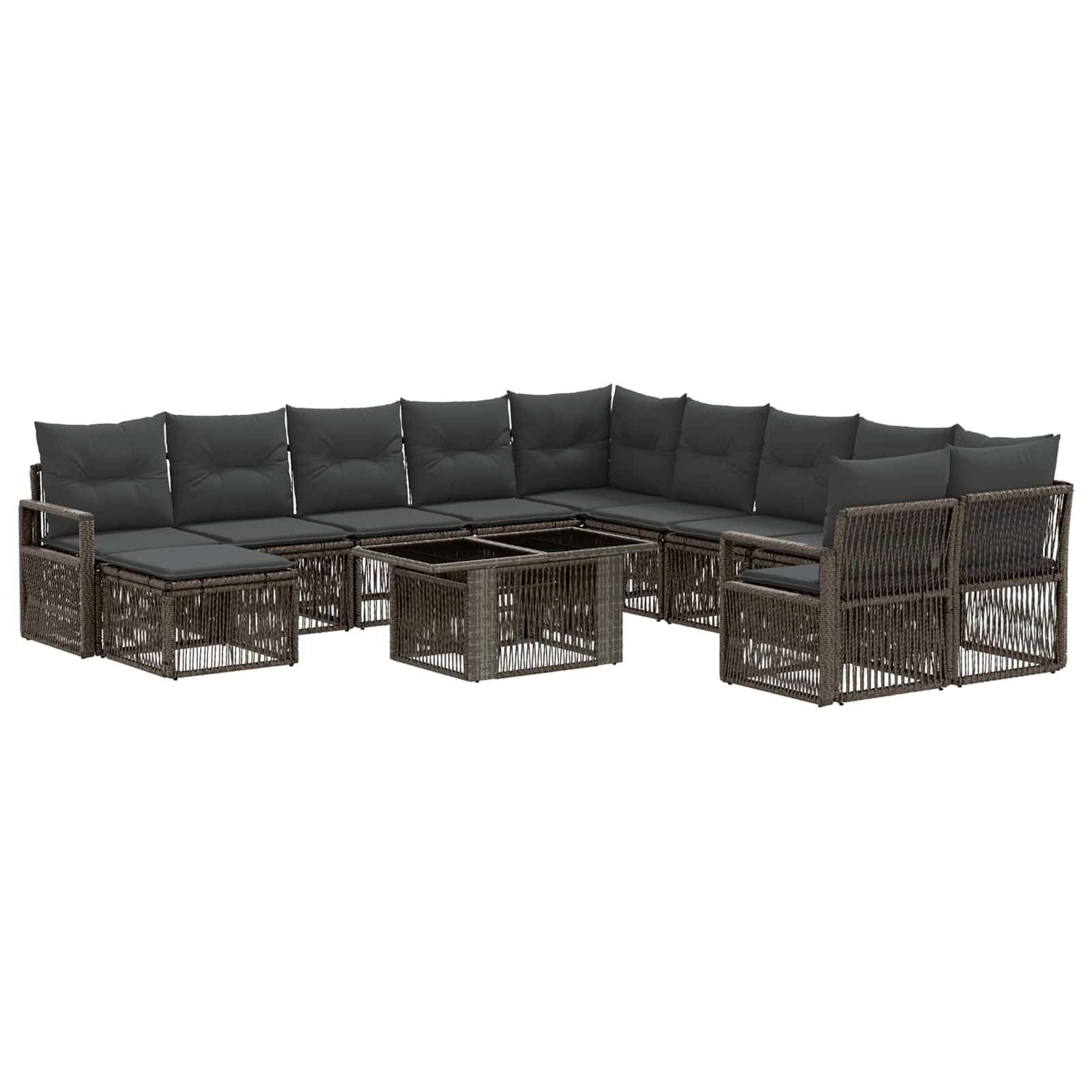 L-förmiges Outdoor-Ecksofa mit dunklen Kissen und geflochtenem braunem Rahmen, dargestellt als modulares Terrassenmöbelset mit einem niedriger Tisch in der Mitte.
