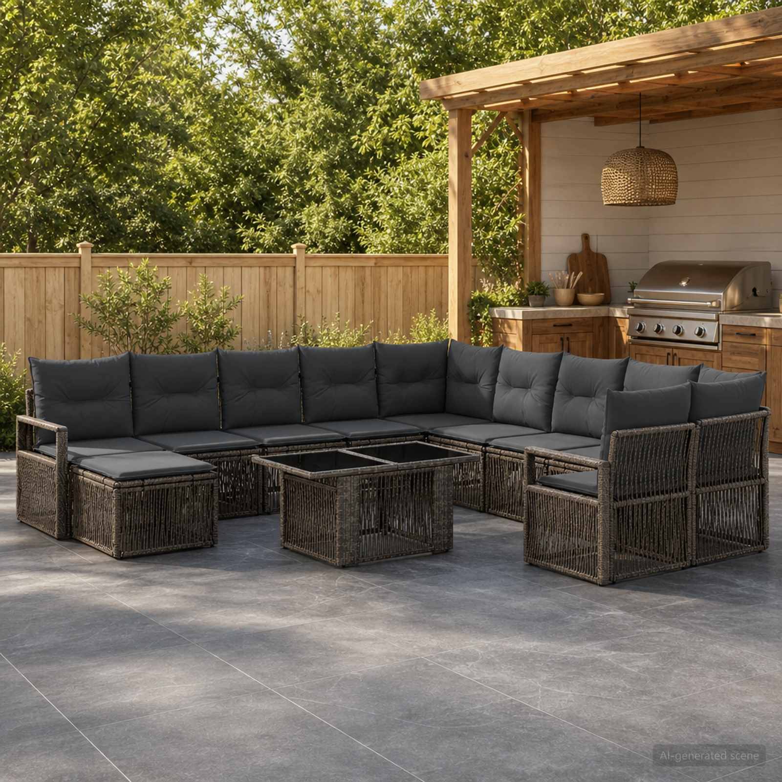 Terrasse im Freien mit dunkelm Rattan-Ecksofa, passenden Couchtischen und eingebautem Grill unter einer Holzpergola in einem eingezäunten Hinterhof.
