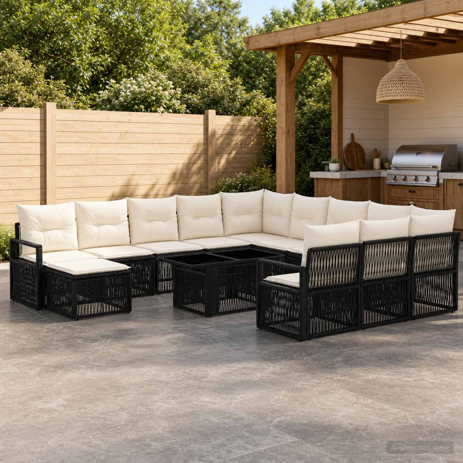 Außenterrasse mit einem L-förmigen cremefarbenen Polster-Ecksofa, schwarzen geflochtenen Rahmen und passenden Couchtischen neben einer Holzpergola und einem Grill.