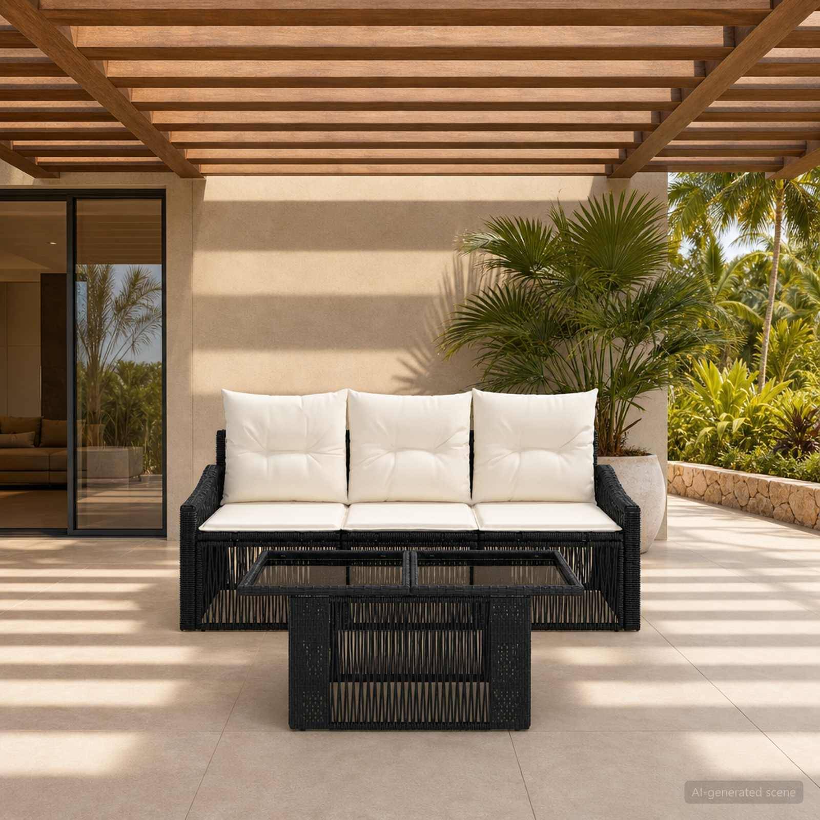 Outdoor-Patio mit schwarzem Sofa und weißen Kissen unter einer Lamellenpergola, neben Glasschiebetüren und tropischen Pflanzen