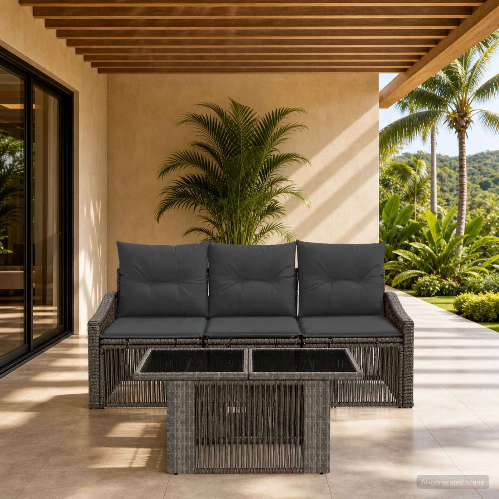 Terrasse im Freien mit einem grauen Korbelsofa und passendem Glastisch unter einer Lamellenpergola, umrahmt von Tropenpflanzen und Palmen.
