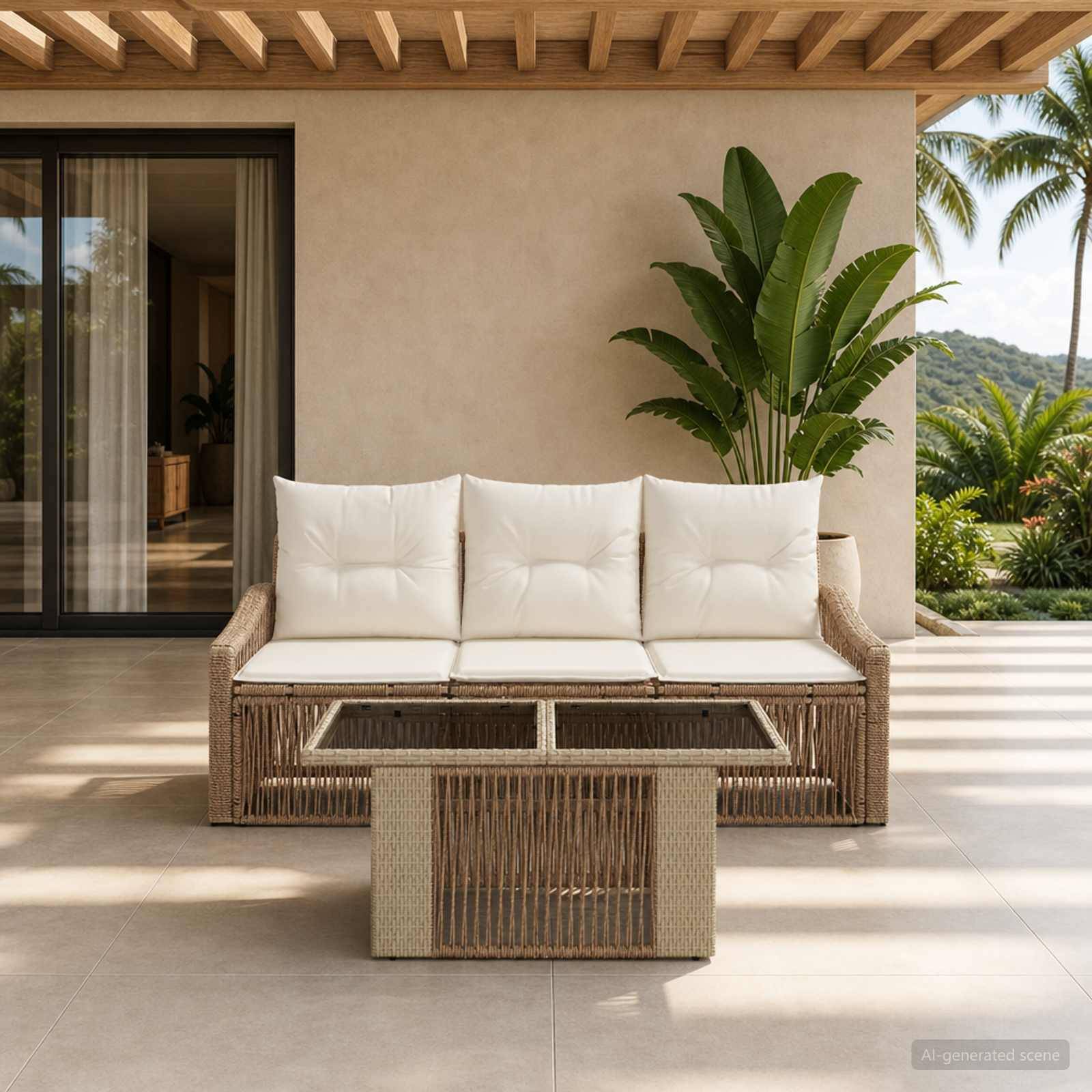Outdoor-Terrassensitzbereich mit einem Rattansofa, weißen Kissen und einem Glaskaffeetisch neben einem modernen Haus, mit tropischen Pflanzen und Bergblick.
