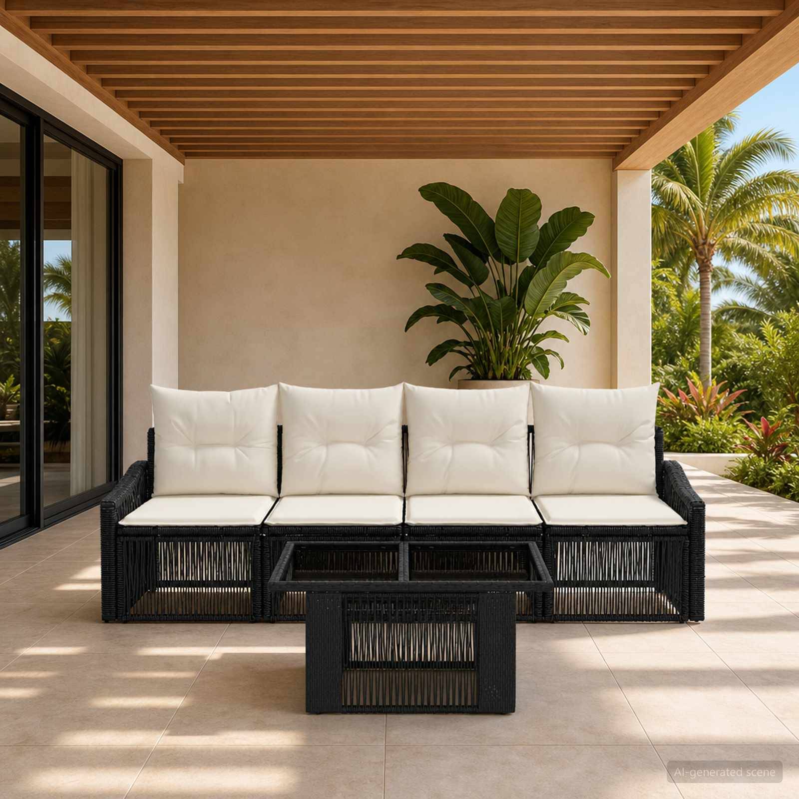 Terrasse im Freien mit schwarzem geflochtenem Sofa, weißen Kissen und passendem Couchtisch unter einem lamelliertem Holzdach, dahinter eine große Topfpflanze und tropischer Garten.