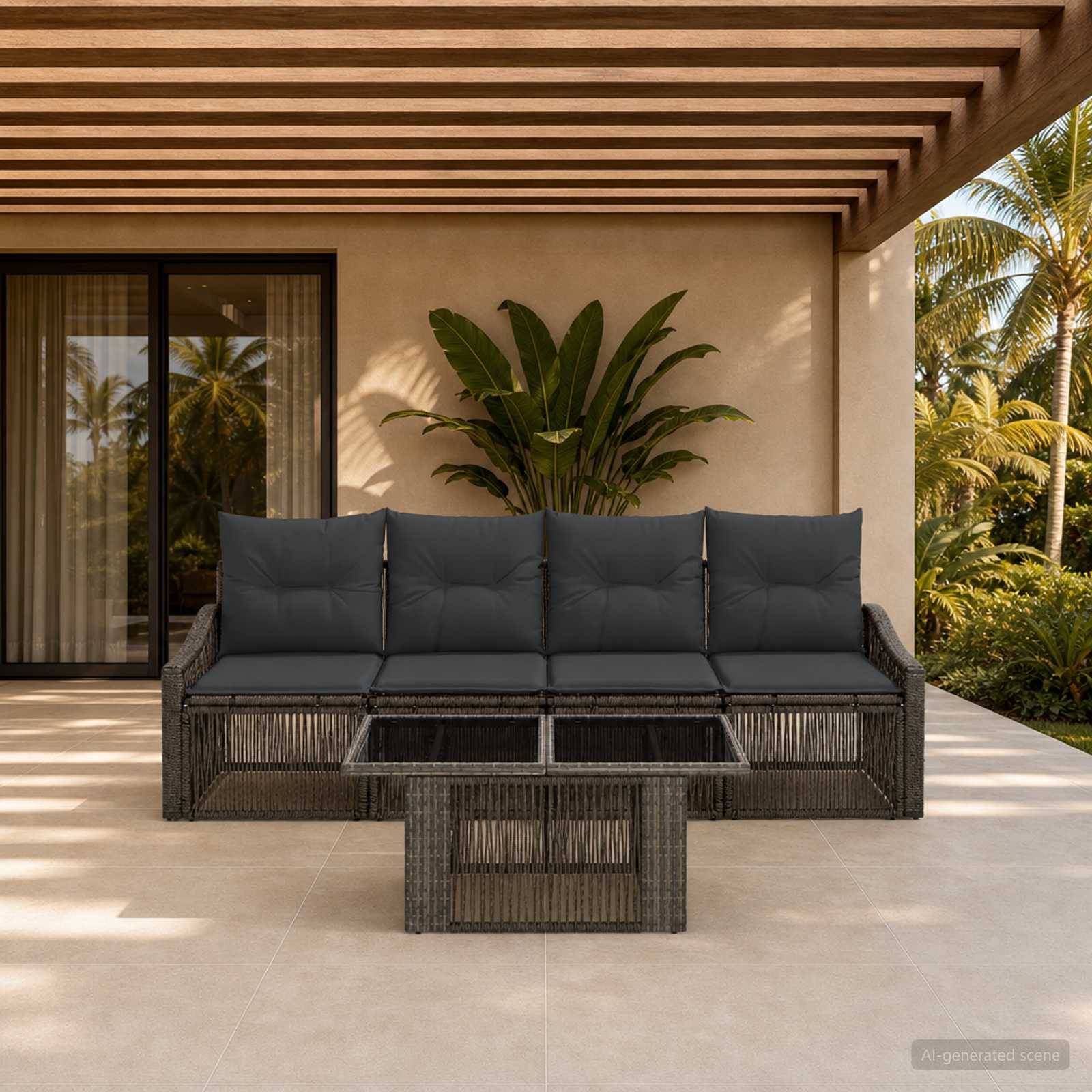 Wickel-Außensofa mit dunklen Kissen und einem Glastisch-Couchtisch auf einer schattigen Terrasse, mit tropischen Pflanzen und Schiebetüren im Hintergrund.