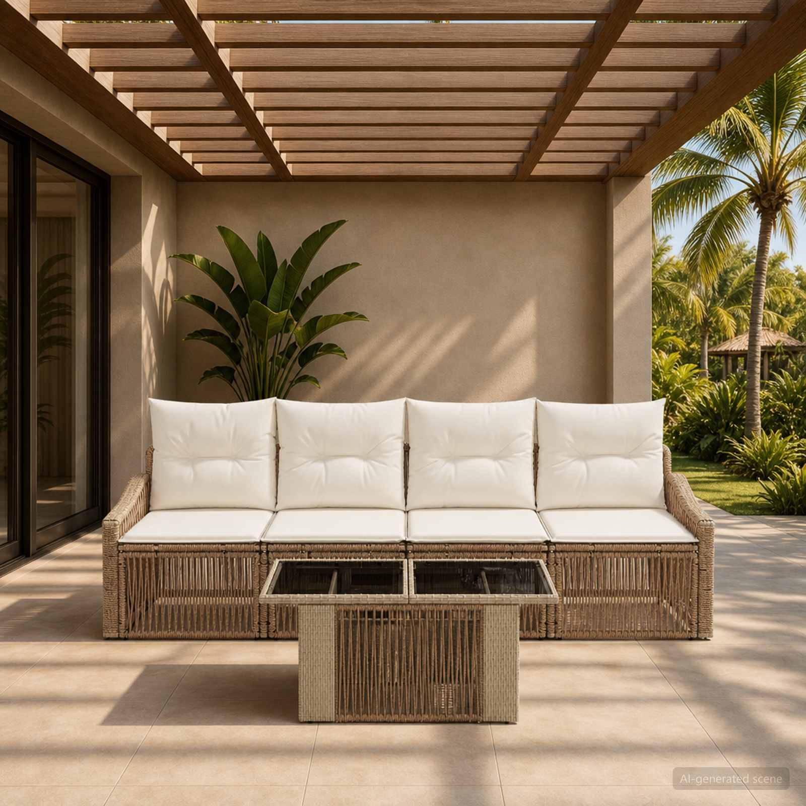 Außenbereich einer Terrasse mit beige Rattan-Sofa, weißen Kissen und passendem Couchtisch unter einer Lamellen-Pergola, umgeben von tropischen Pflanzen und Palmen.