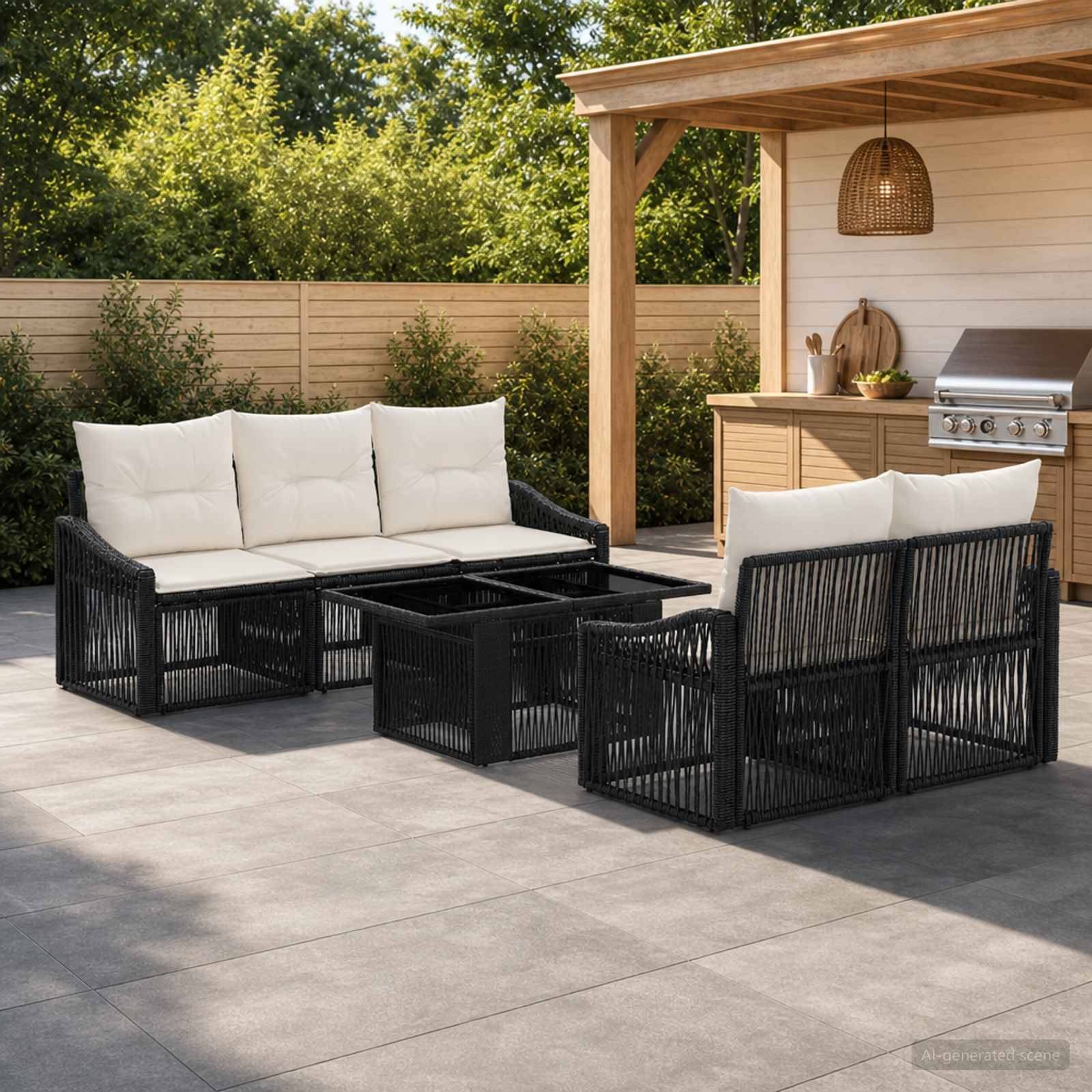 Außenpatio mit schwarzem Rattan-Ecksofa und Glaskaffeetisch neben einer abgedeckten Grillbar, auf einem gefliesten Deck mit Sichtschutzzzaun angebracht.