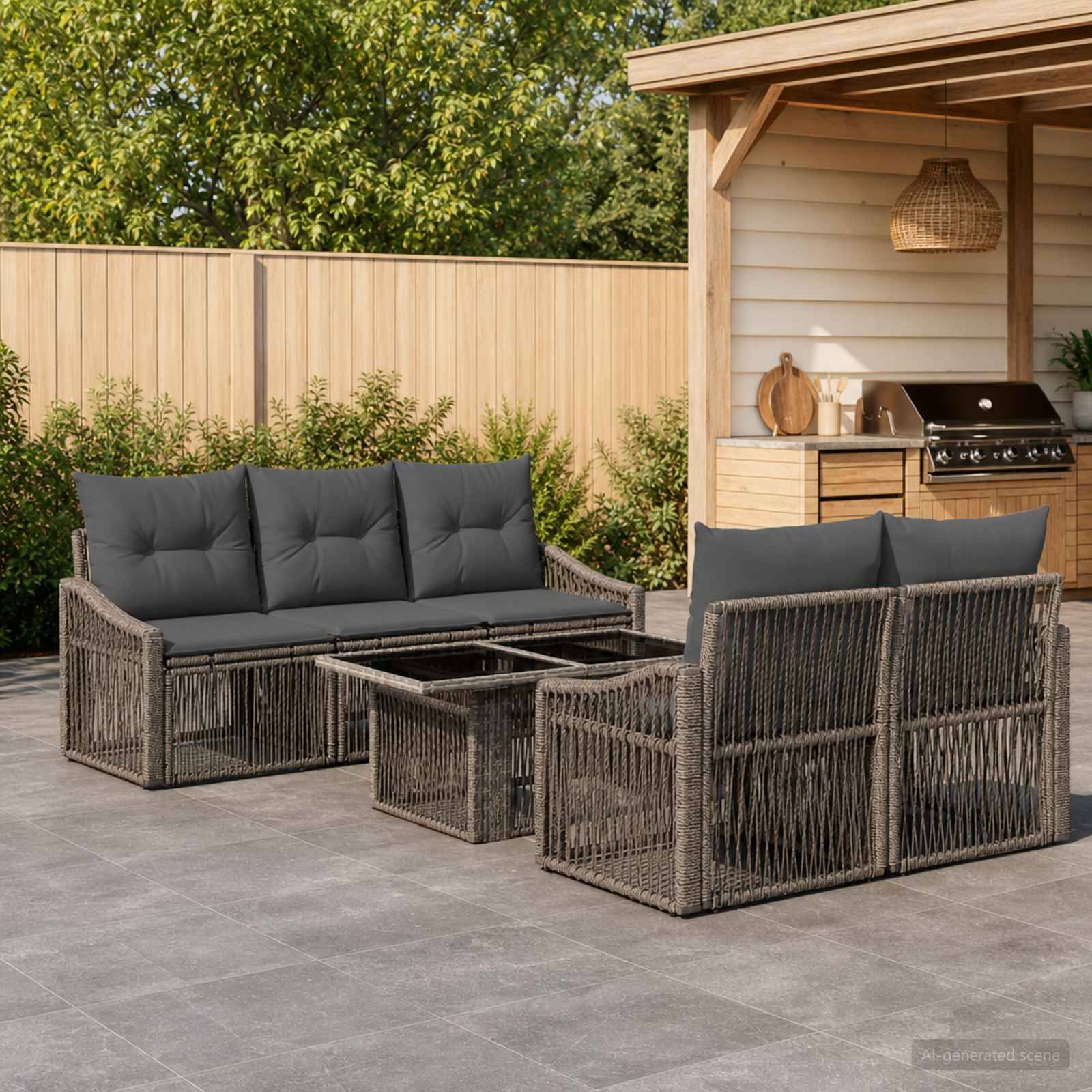 Outdoor-Sitzgarnitur mit zwei geflochtenen Sofas, Couchtisch und Hinterhof-Grill unter einer Holzpergola.