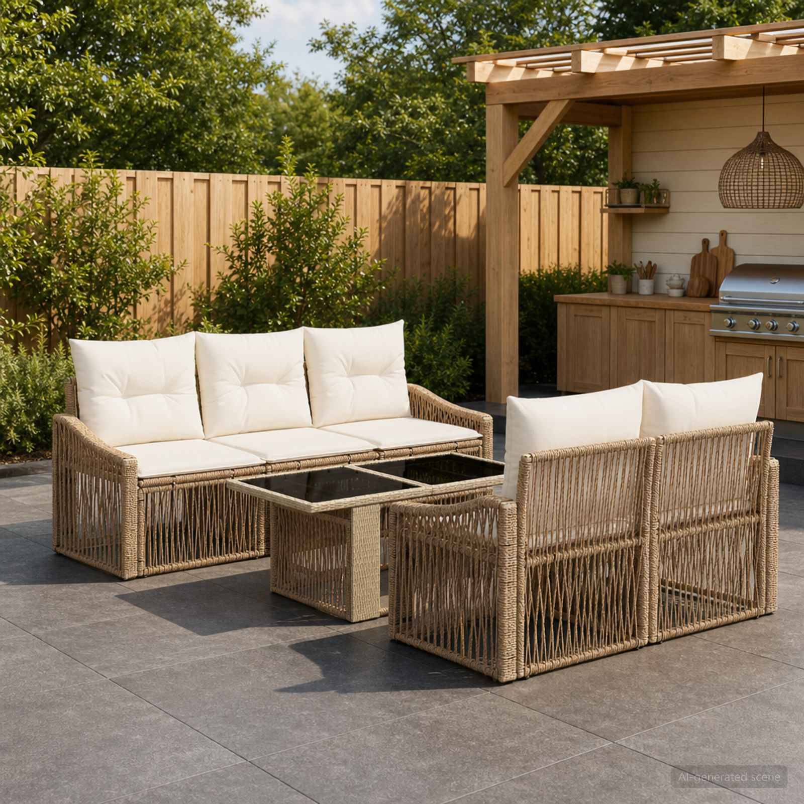 Gartenmöbel-Set im Freien mit Rattansofa, zwei Stühlen und Glastisch mit Metallrahmen in einem Sitzbereich im Hinterhof neben einer Holzpergola und einer Außenküche.