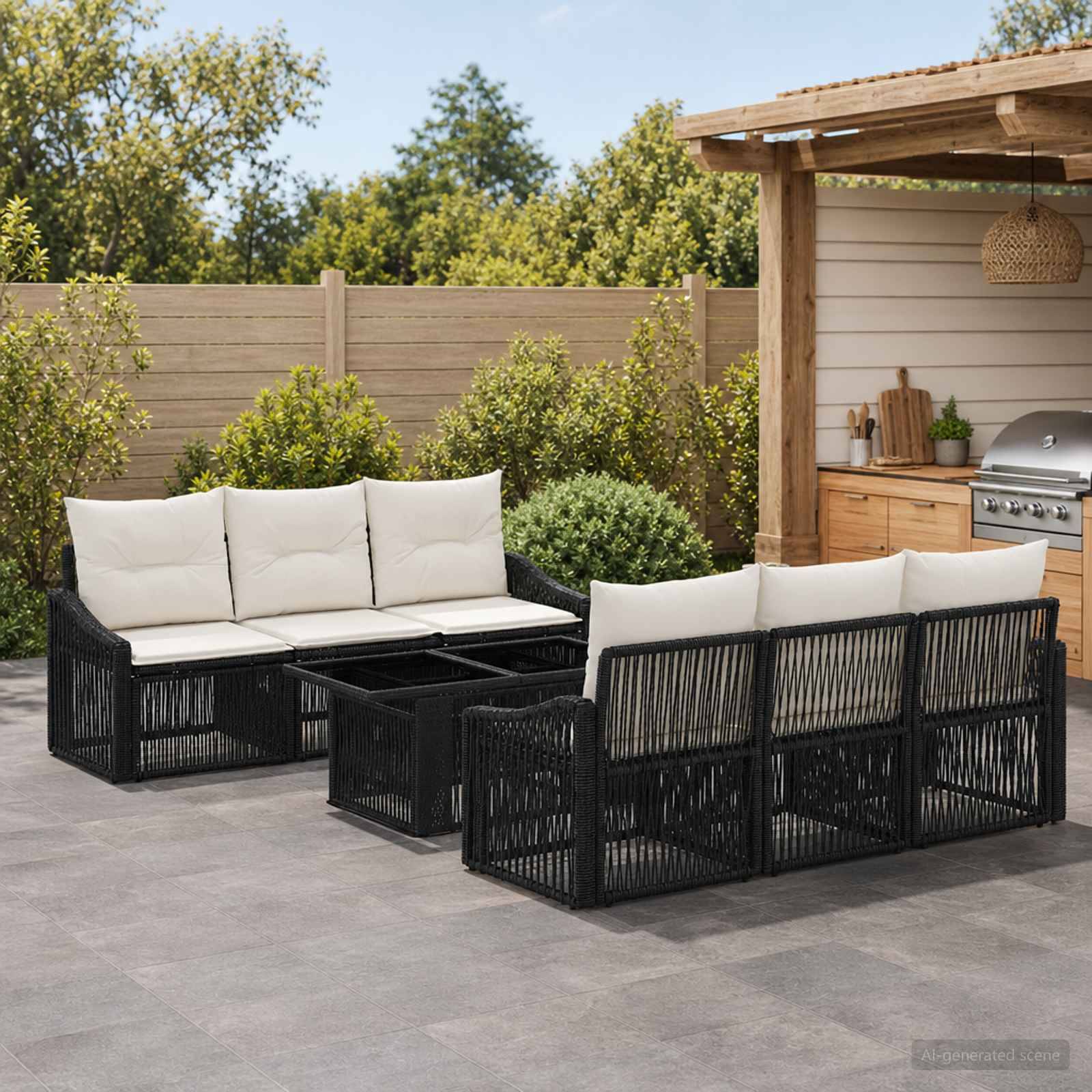 Outdoor-Terrasse mit schwarzen Rattan-Ecksofa und weißen Kissen um einen zentralen Tisch neben einer Holztheke und einem Grill.