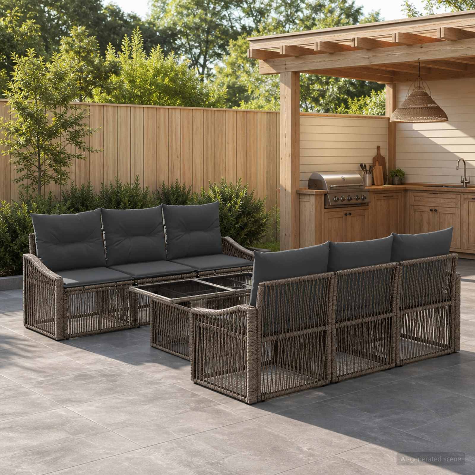 Outdoor-Terrasse mit zwei Korbgeflecht-Ecksofa um einen gläsernen Couchtisch neben einer Holzbar und Grill unter einer Pergola.
