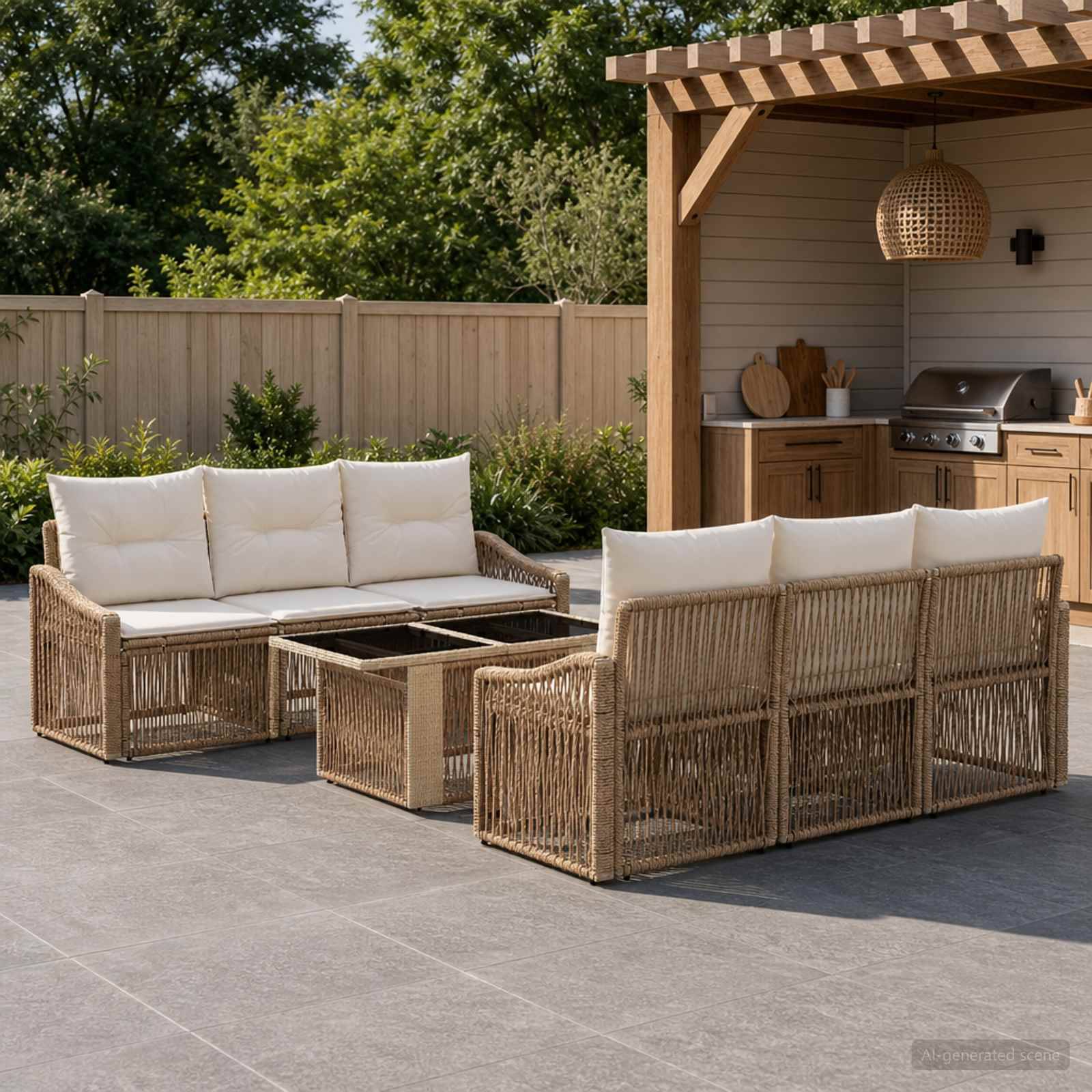 Terrasse im Freien mit Korbmöbel-Eckgarnitur, Couchtisch und überdachtem Grillbereich im Hinterhof.