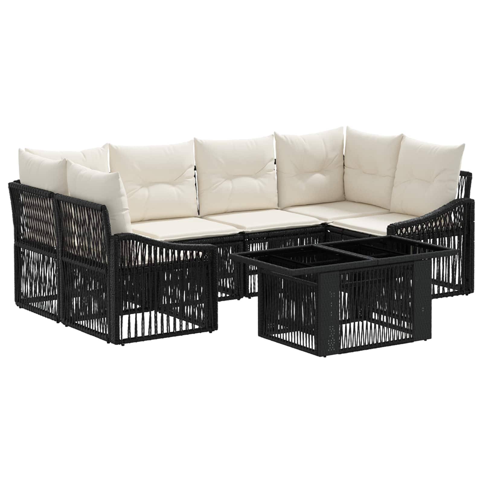 Schwarzes Polyrattan L-förmiges Patio-Ecksofa mit cremefarbenen Kissen und passendem quadratischen Couchtisch.