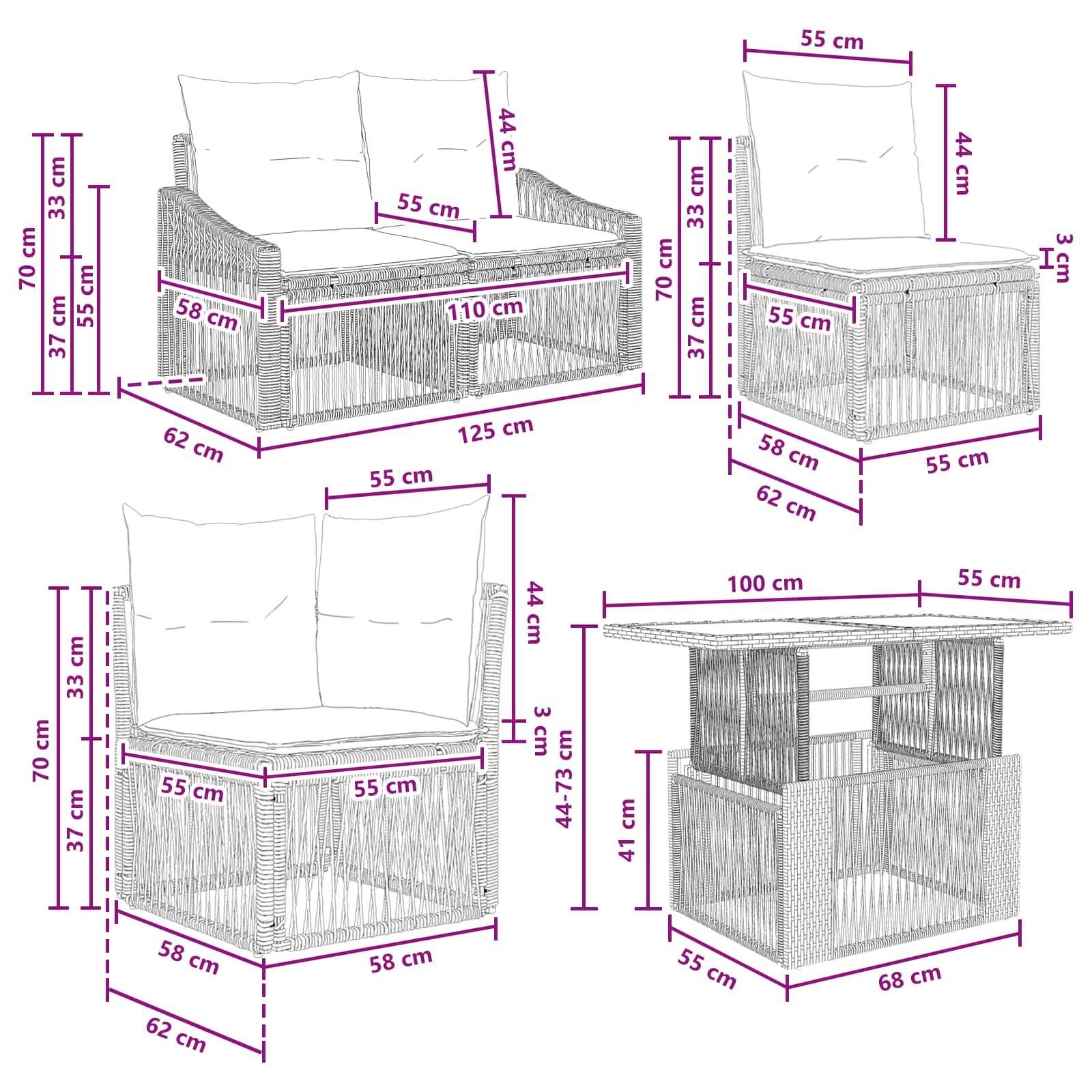 Dimensioniertes Korbmöbel-Gartenmöbelset mit Stühlen, Zweisitzer-Sofa und quadratischem Tisch mit Kissengrößen und Maßen in Zentimetern.