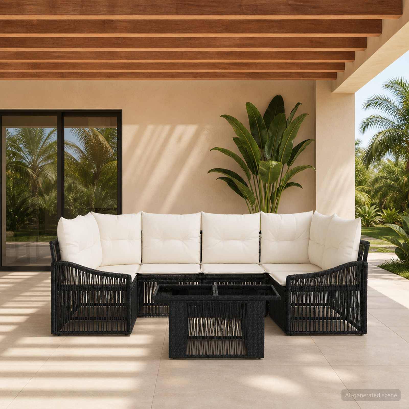 Überdachte Terrasse mit schwarzem Rattansektional mit weißen Kissen und Couchtisch unter einer überdachten Pergola, mit tropischen Pflanzen und Palmblick.