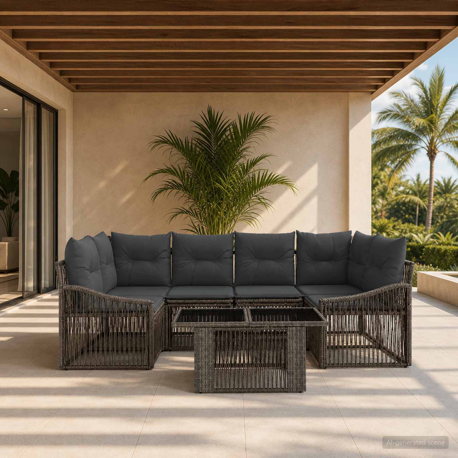 Außenbereich einer Terrasse mit dunklem Rattan-Ecksofa, passenden Couchtischen und Palmen im Hintergrund unter einem Lamellendach.