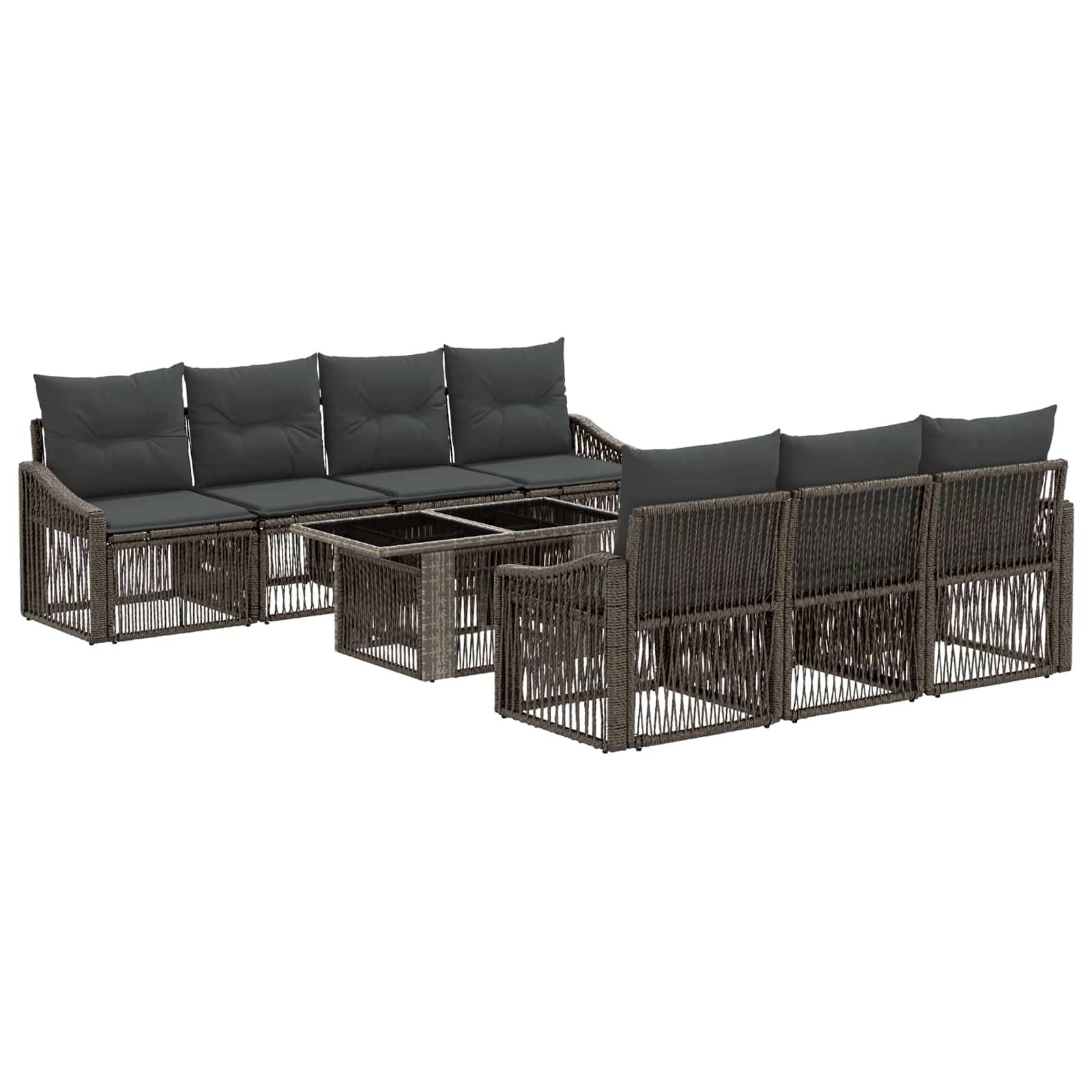 Outdoor-Terrassensektional-Sofagarnitur mit dunkel geflochtenen Rahmen, schwarzen Kissen und passendem Couchtisch auf weißem Hintergrund.