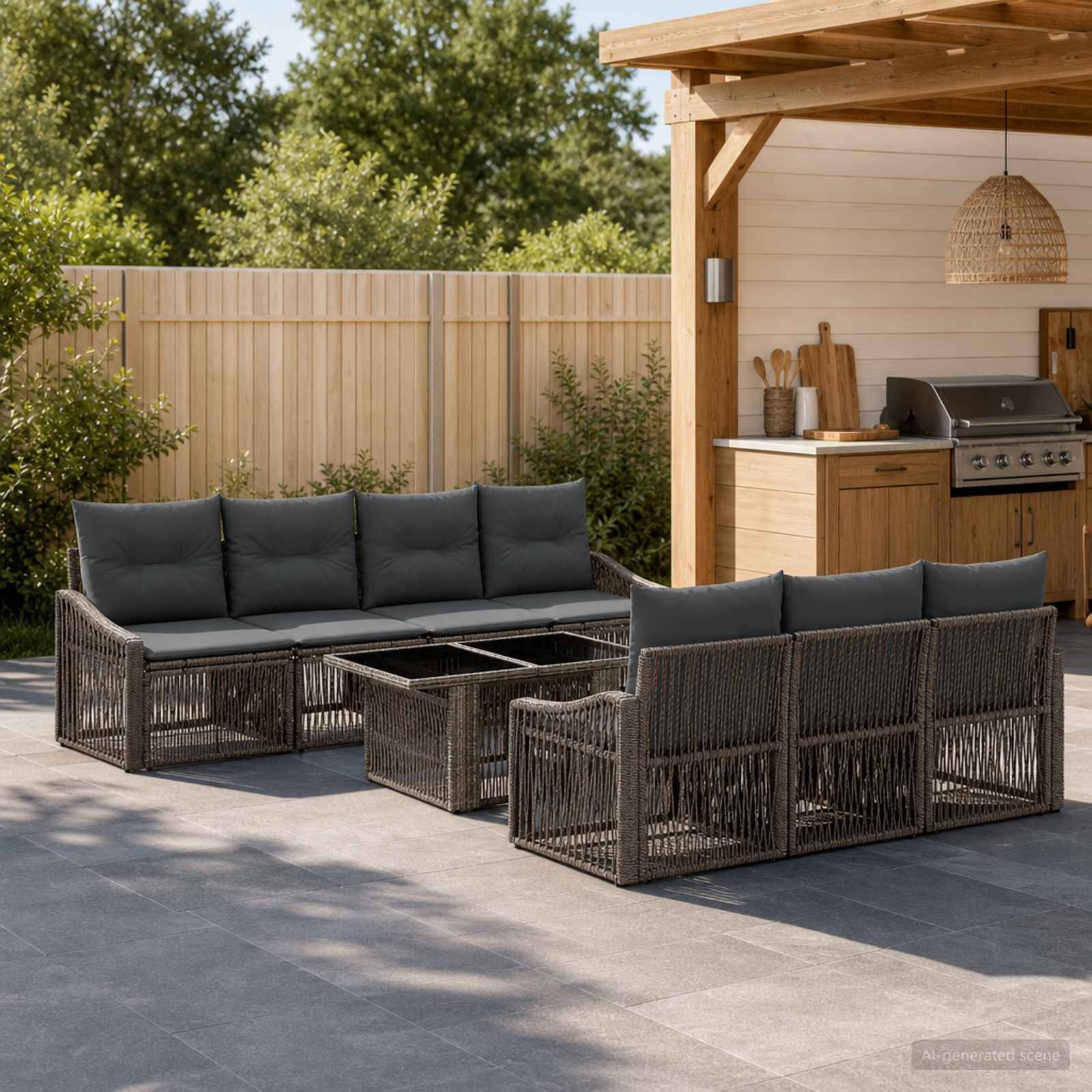 Outdoor-Terrassenbestuhlung mit Rattansoufas und Glascouchtisch neben einer Holzgrilllaube in einem eingezäunten Hinterhof.