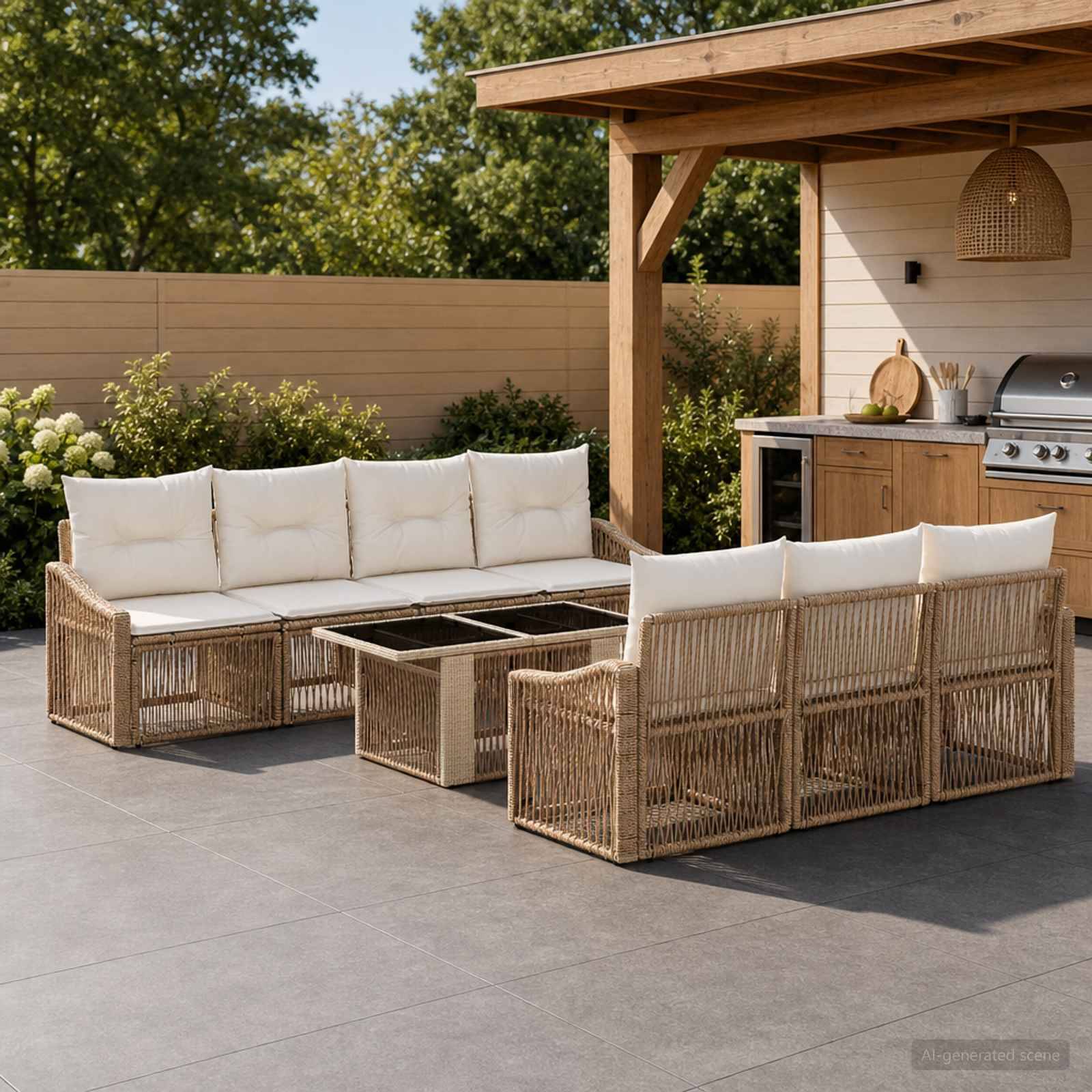 Außenbereich der Terrasse mit Korbsofa, Stühlen und Couchtisch neben einem überdachten Grill-/Barbereich im Hinterhof.