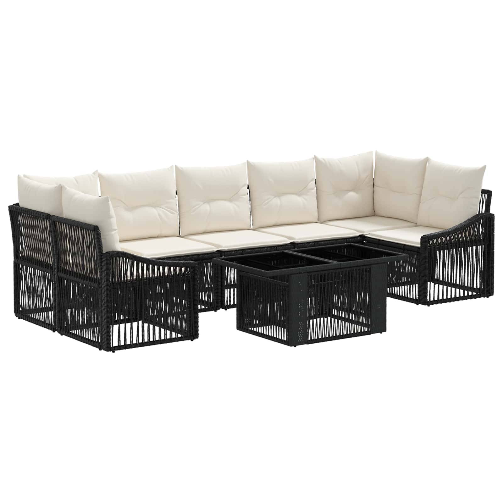 Schwarze Rattan-Outdoor-Eckgarnitur mit cremefarbenen Kissen und passenden Glastisch-Couchtischen
