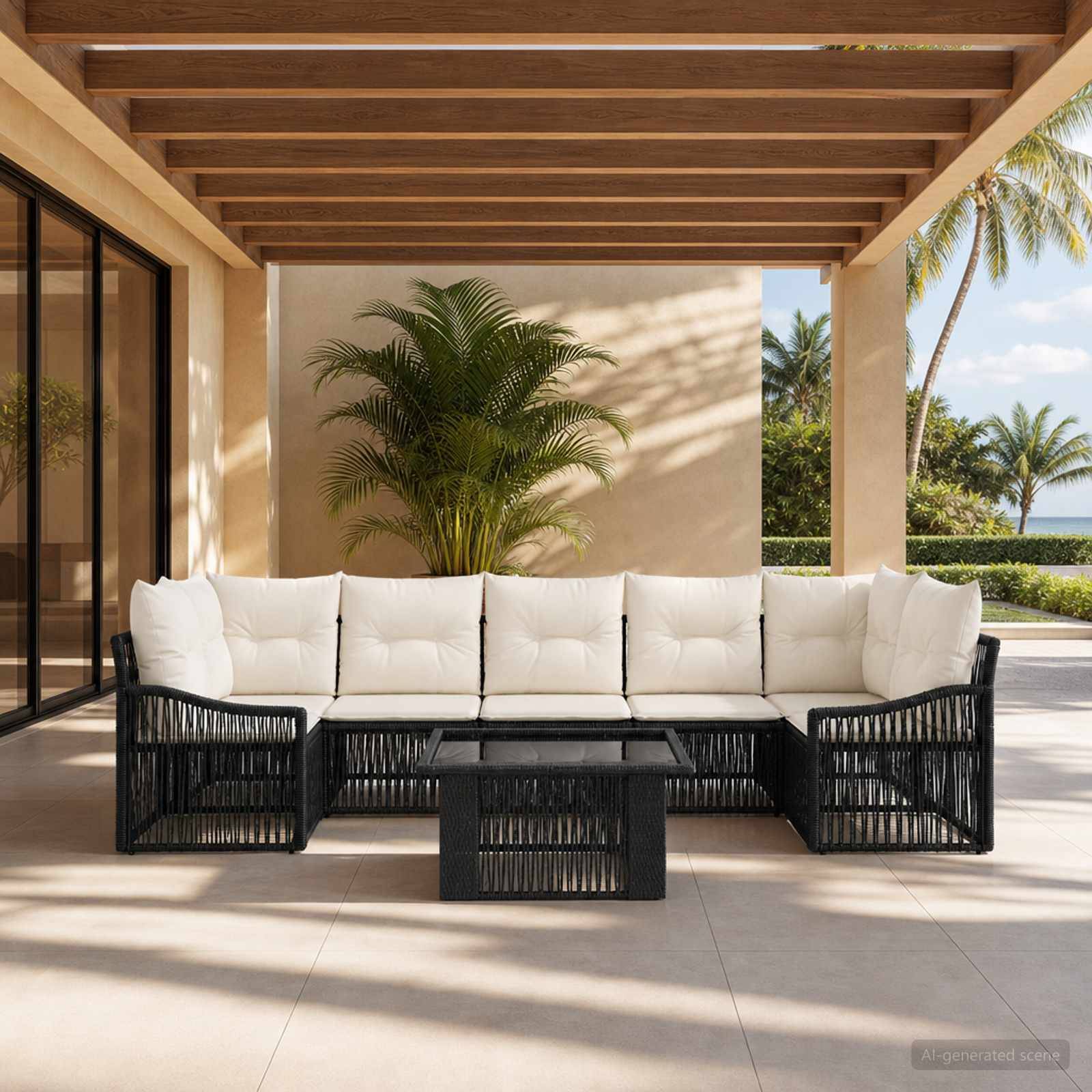Outdoor-Terrasse mit weißem Polster-Ecksofa, schwarzen Rattanstühlen und Couchtisch unter einer Holzpergola mit Blick auf Palmen und das Meer.