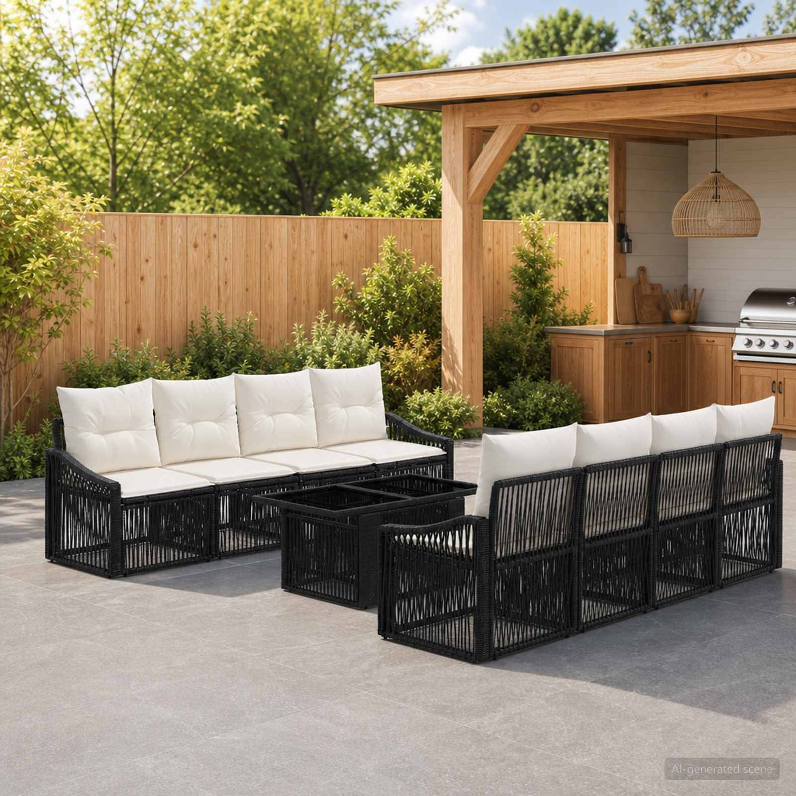 Outdoor-Terrassensitzgarnitur mit schwarzen geflochtenen Sektionald-Sofas, weißen Kissen und passendem Couchtisch neben einer Holz-Außenküche und einem Zaun.